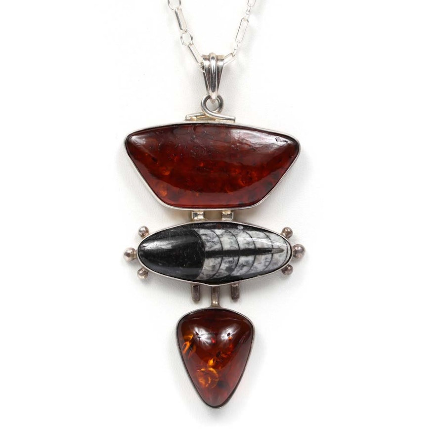 Sterling Silver Black and White Inlay Stone Pendant Necklace with Amber