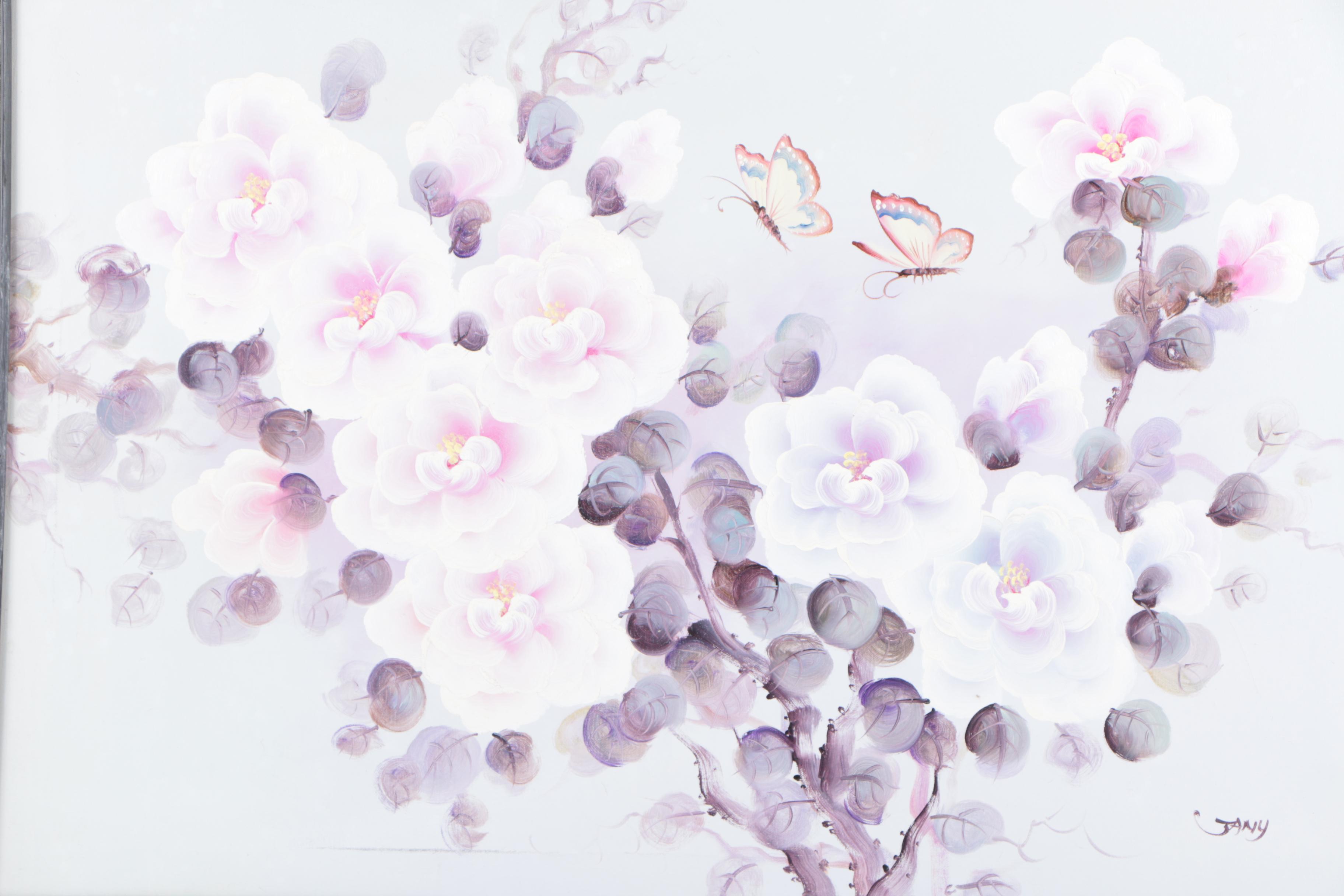 Jany Oil Painting on Canvas of Bush with Pink and Purple Flowers