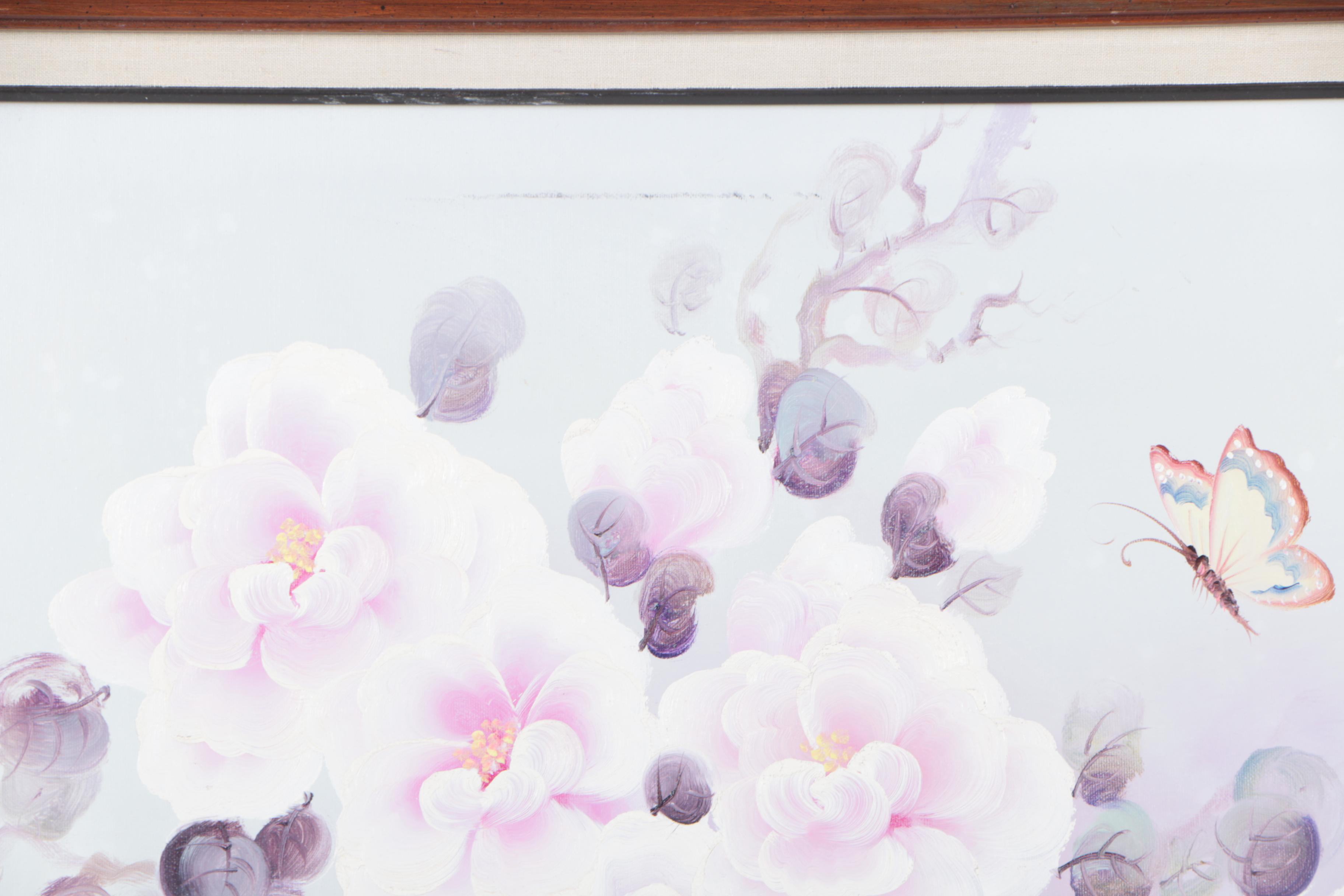 Jany Oil Painting on Canvas of Bush with Pink and Purple Flowers