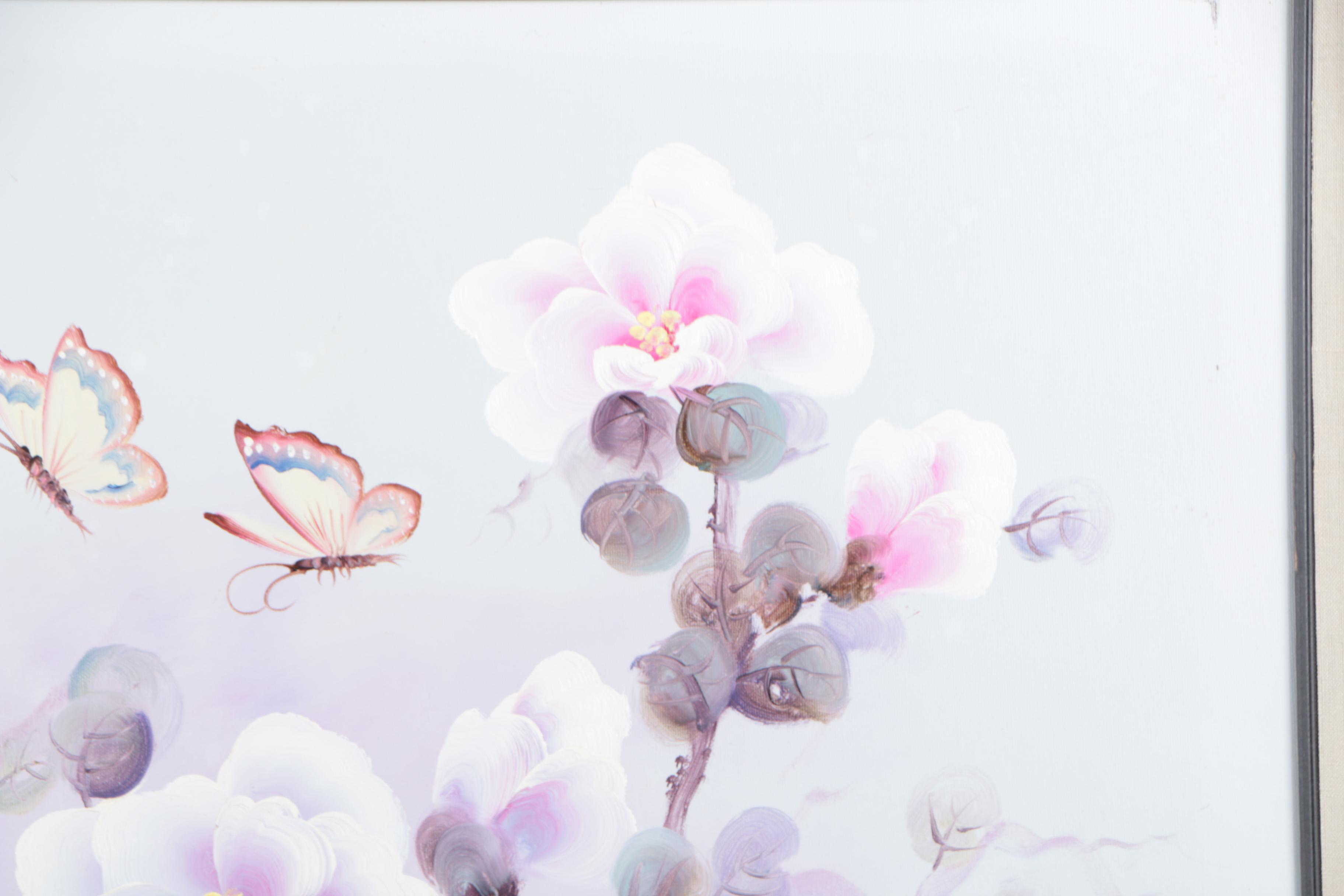 Jany Oil Painting on Canvas of Bush with Pink and Purple Flowers