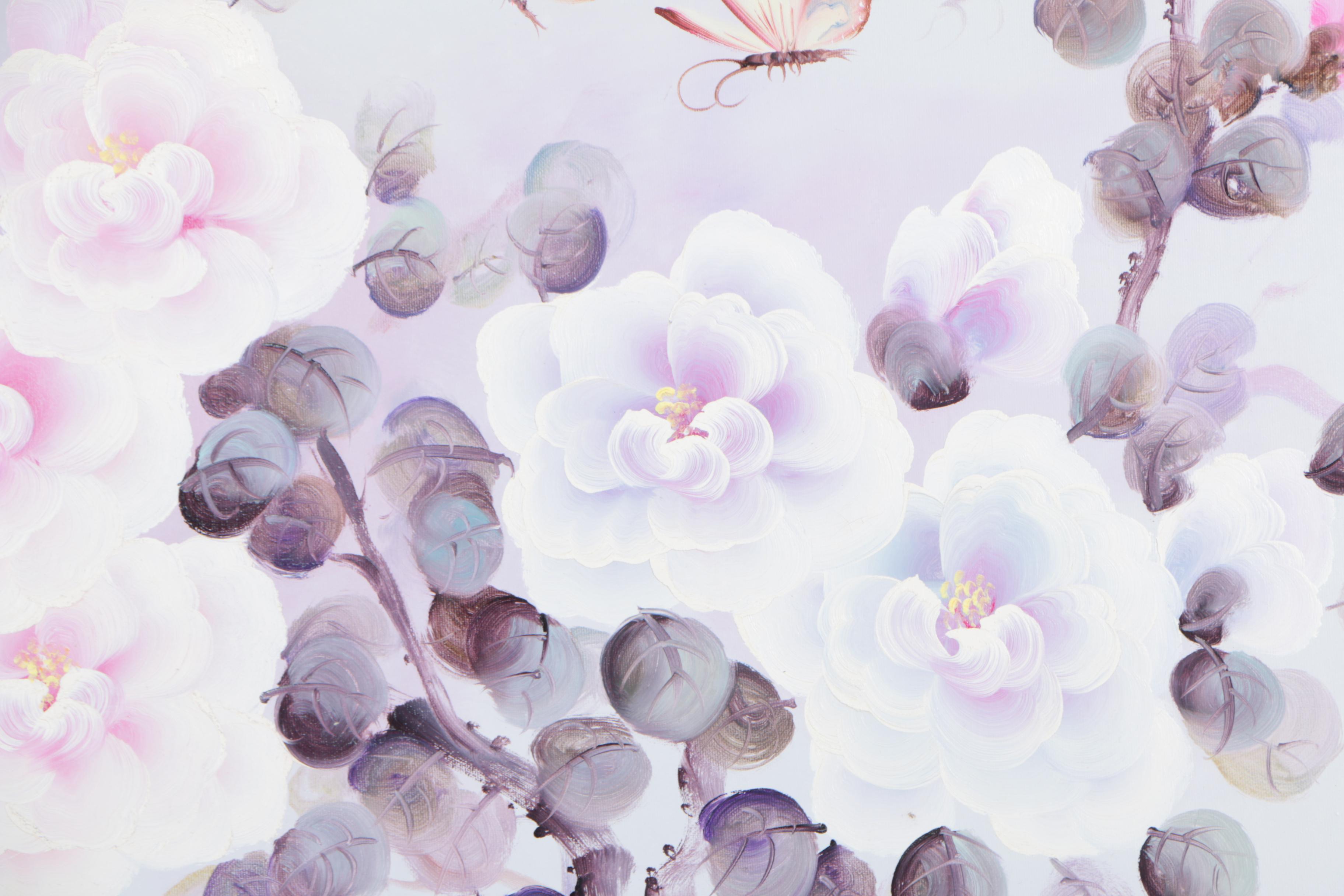 Jany Oil Painting on Canvas of Bush with Pink and Purple Flowers