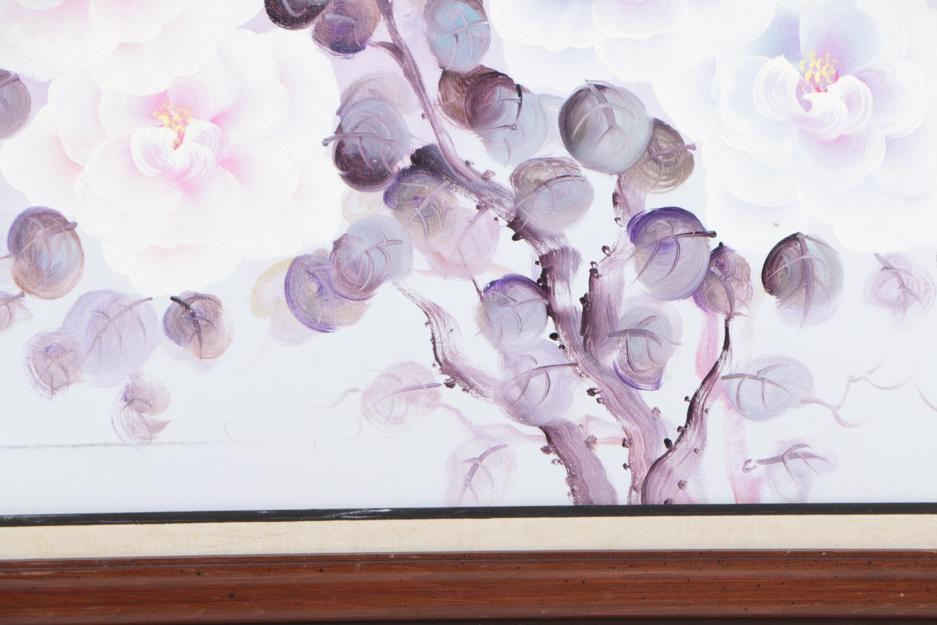 Jany Oil Painting on Canvas of Bush with Pink and Purple Flowers