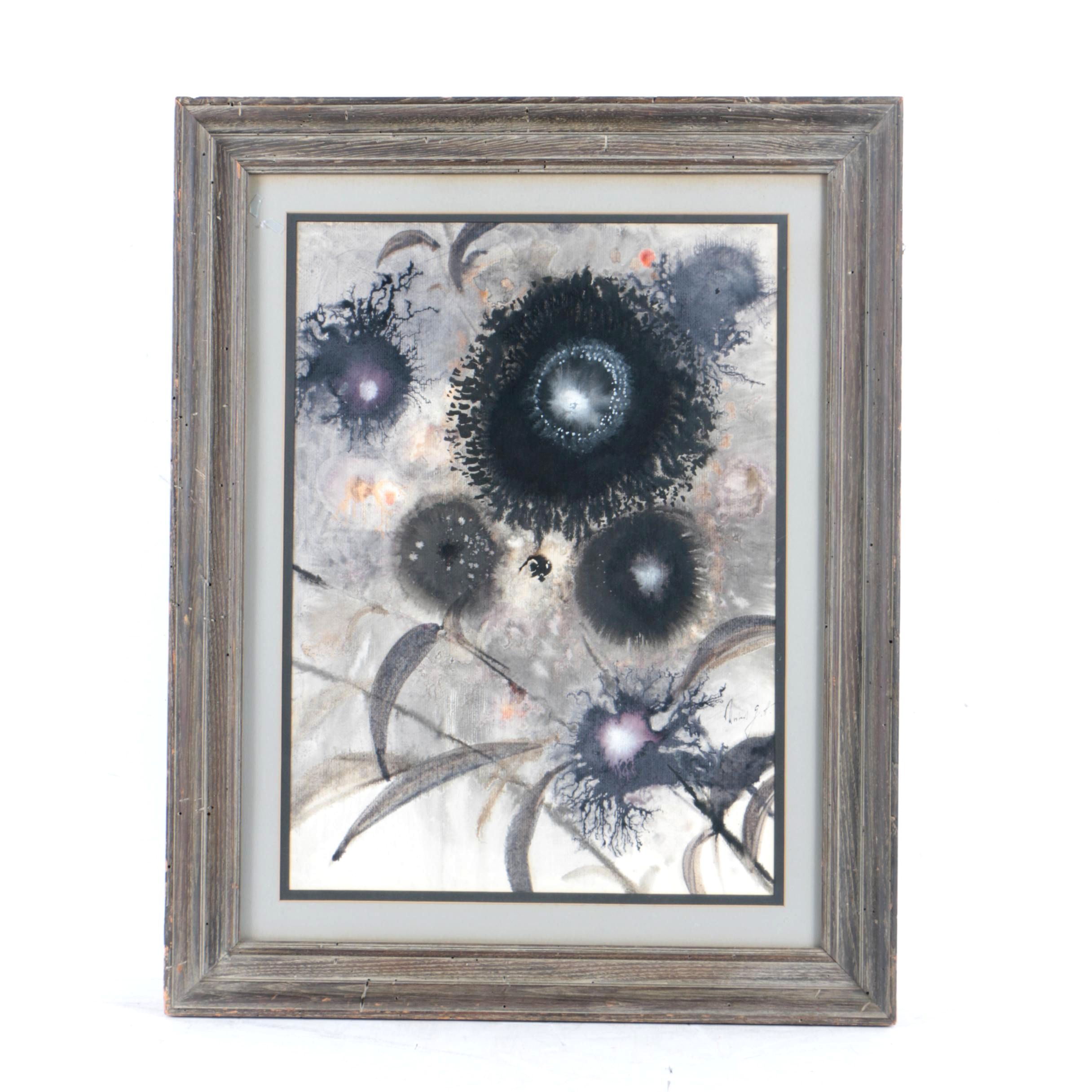 Circa 1970s Abstract Floral Watercolor on Paper