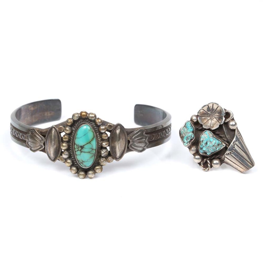 Navajo Mary Chavez Sterling Silver Turquoise Cuff and Turquoise Nugget Ring