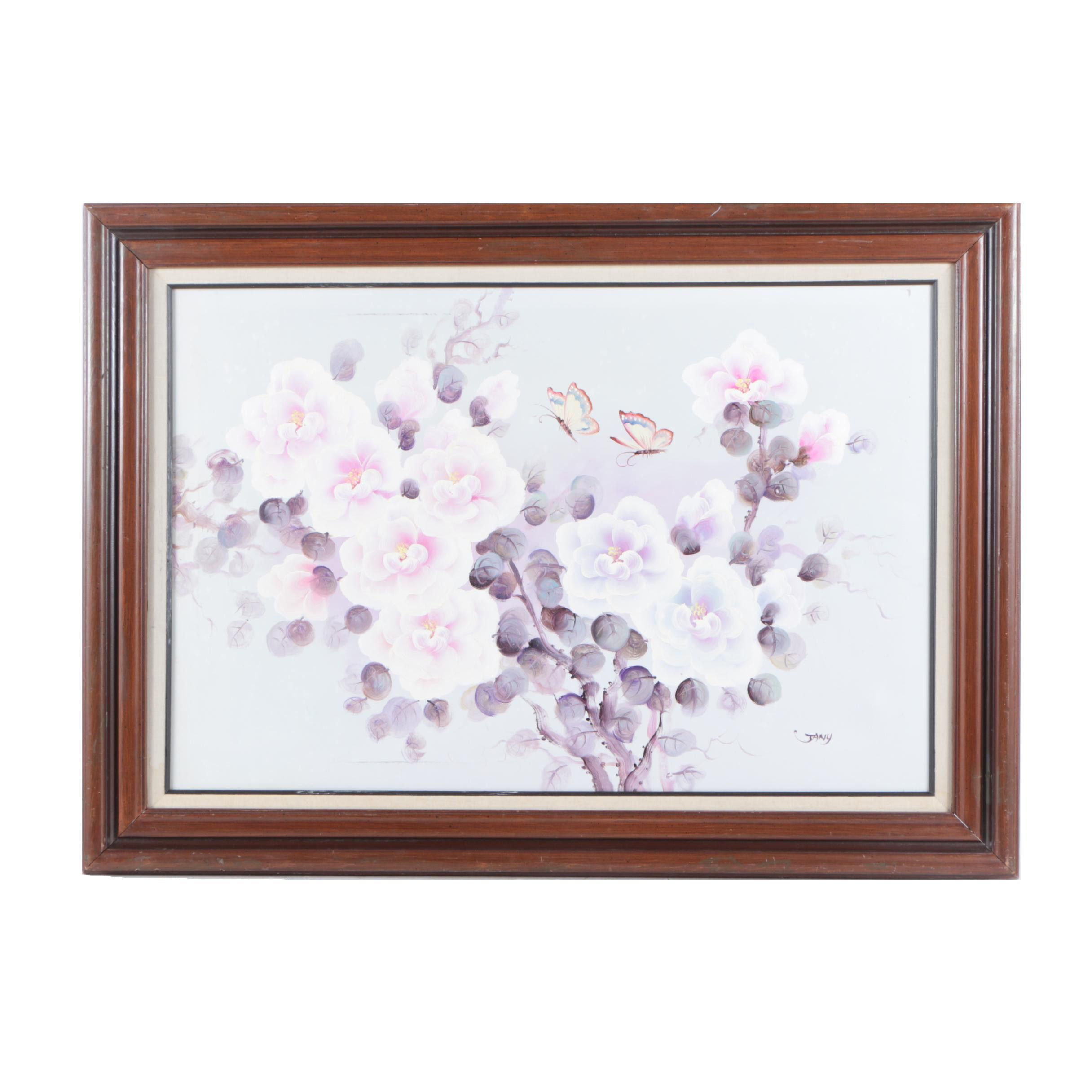 Jany Oil Painting on Canvas of Bush with Pink and Purple Flowers