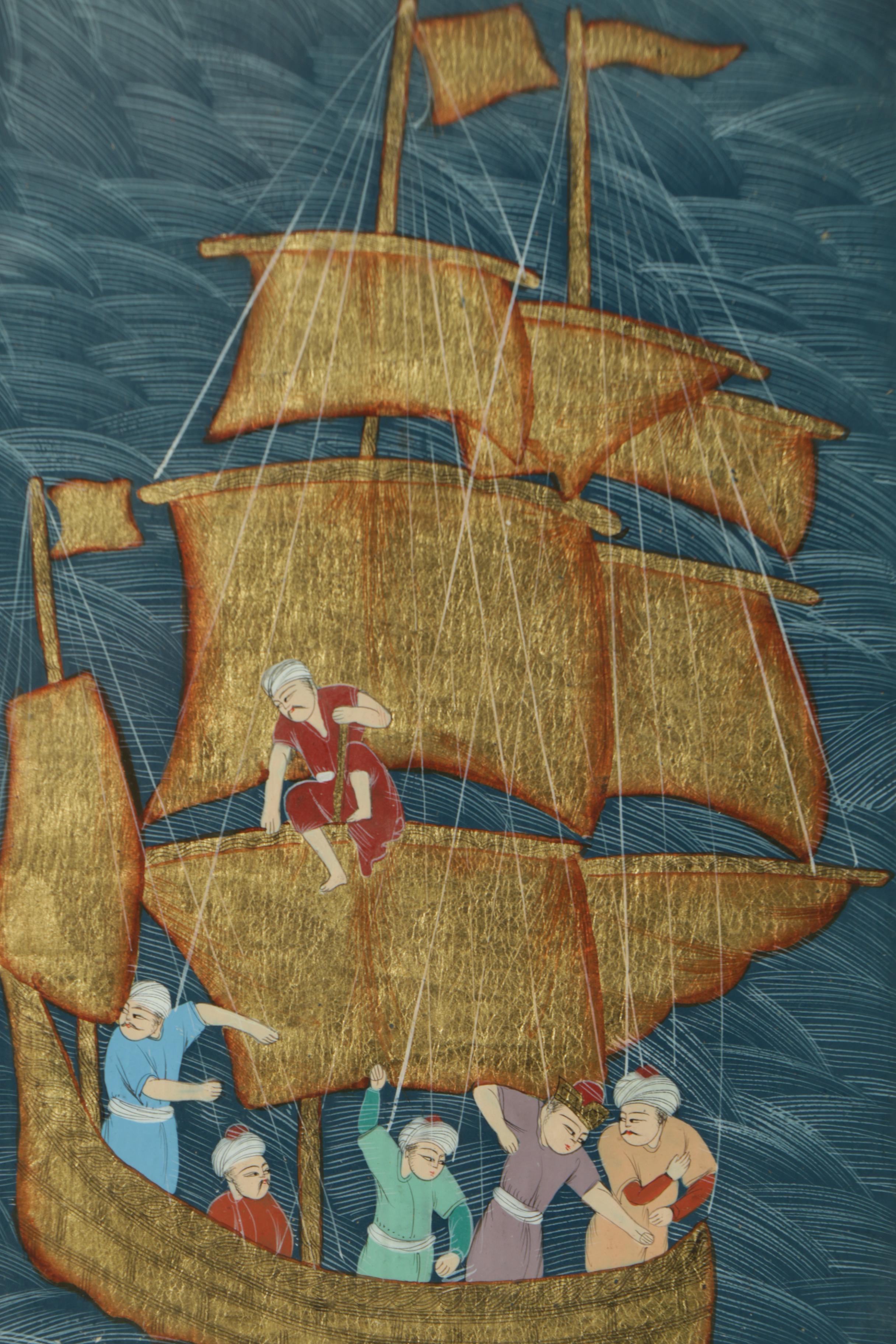 Persian Gouache Painting on Laid Paper of a Ship Scene