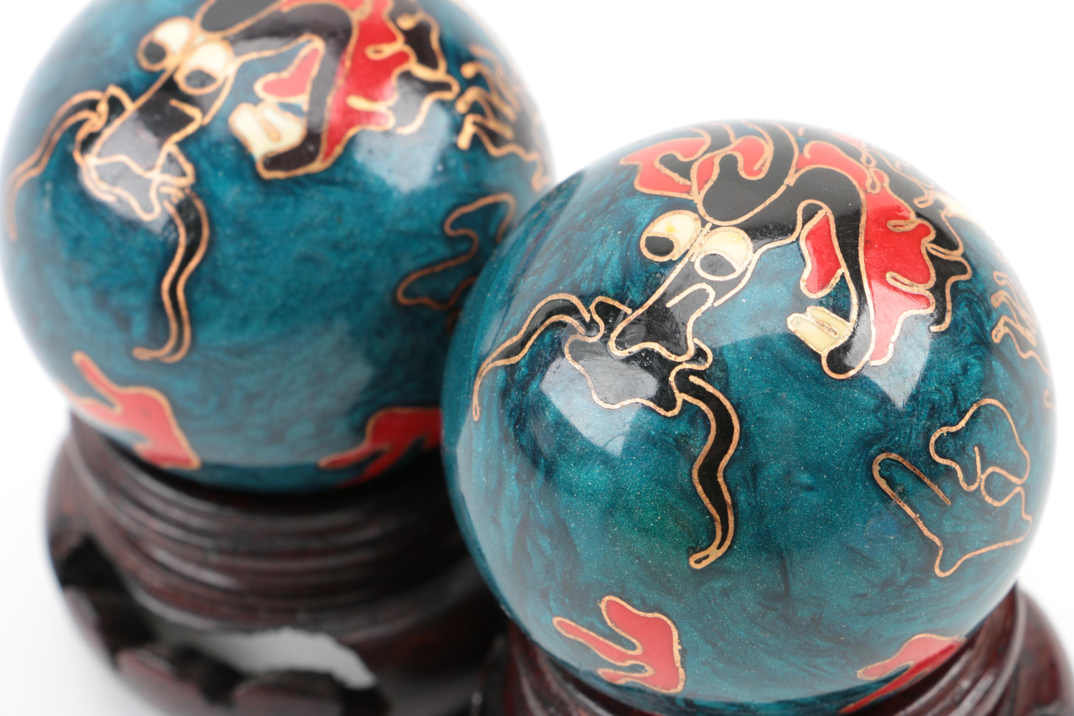Chinese Cloisonné Baoding Meditation Balls with Stands