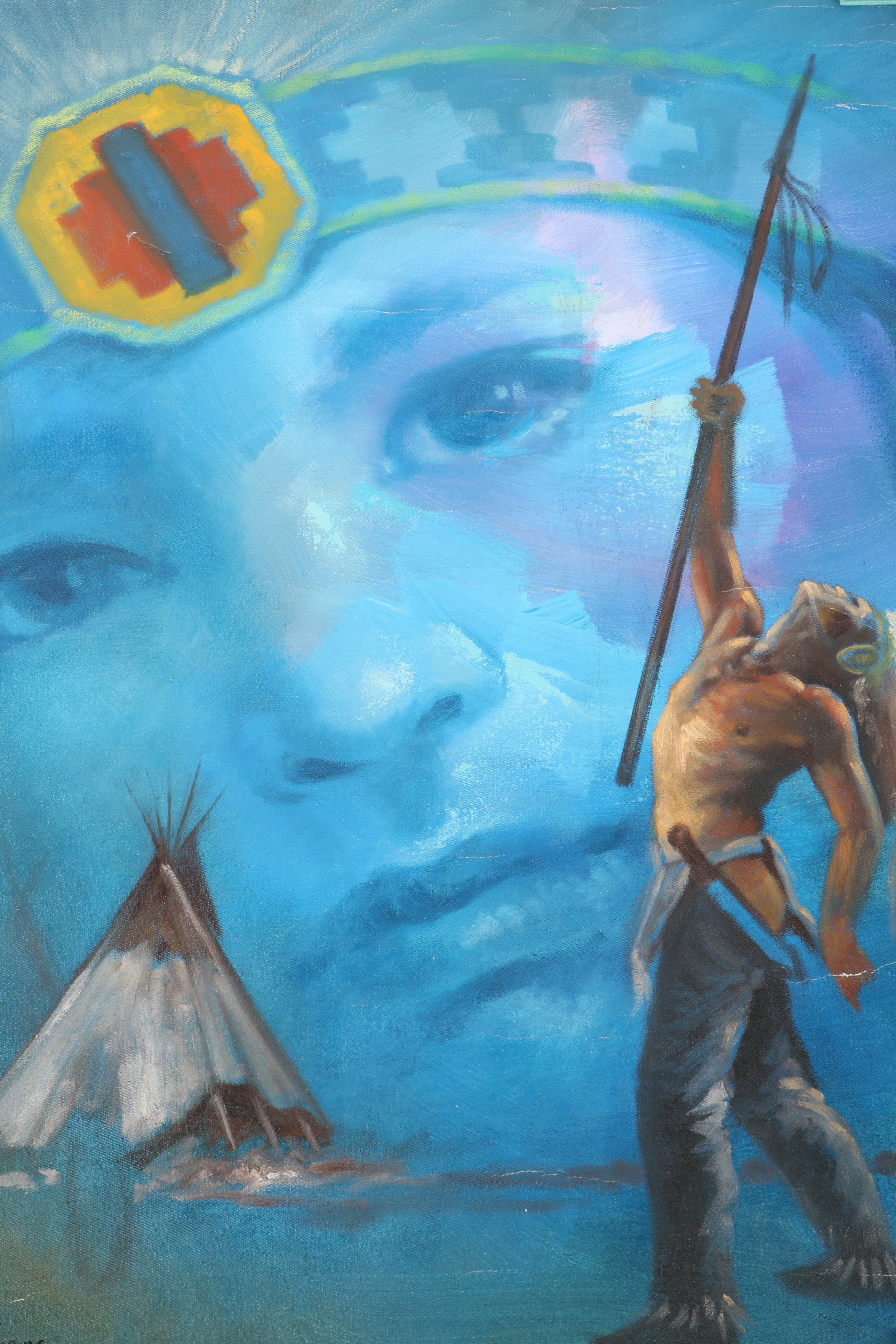 Mario Vargas Cuellar 2003 Oil Painting on Canvas of Native American Figure