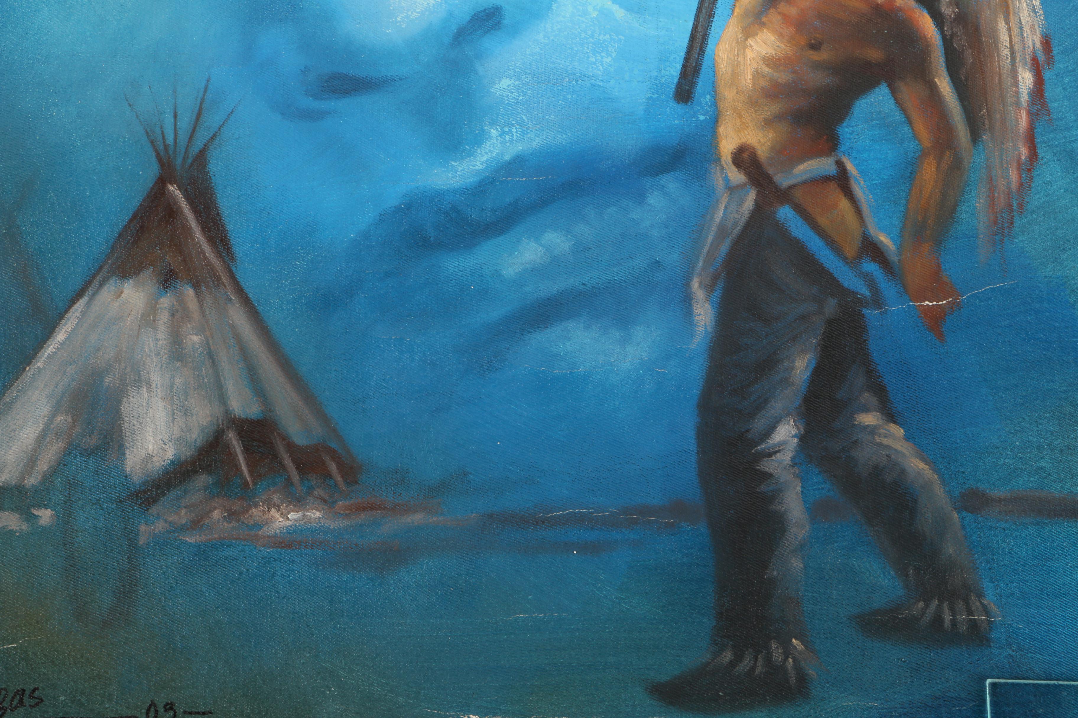 Mario Vargas Cuellar 2003 Oil Painting on Canvas of Native American Figure