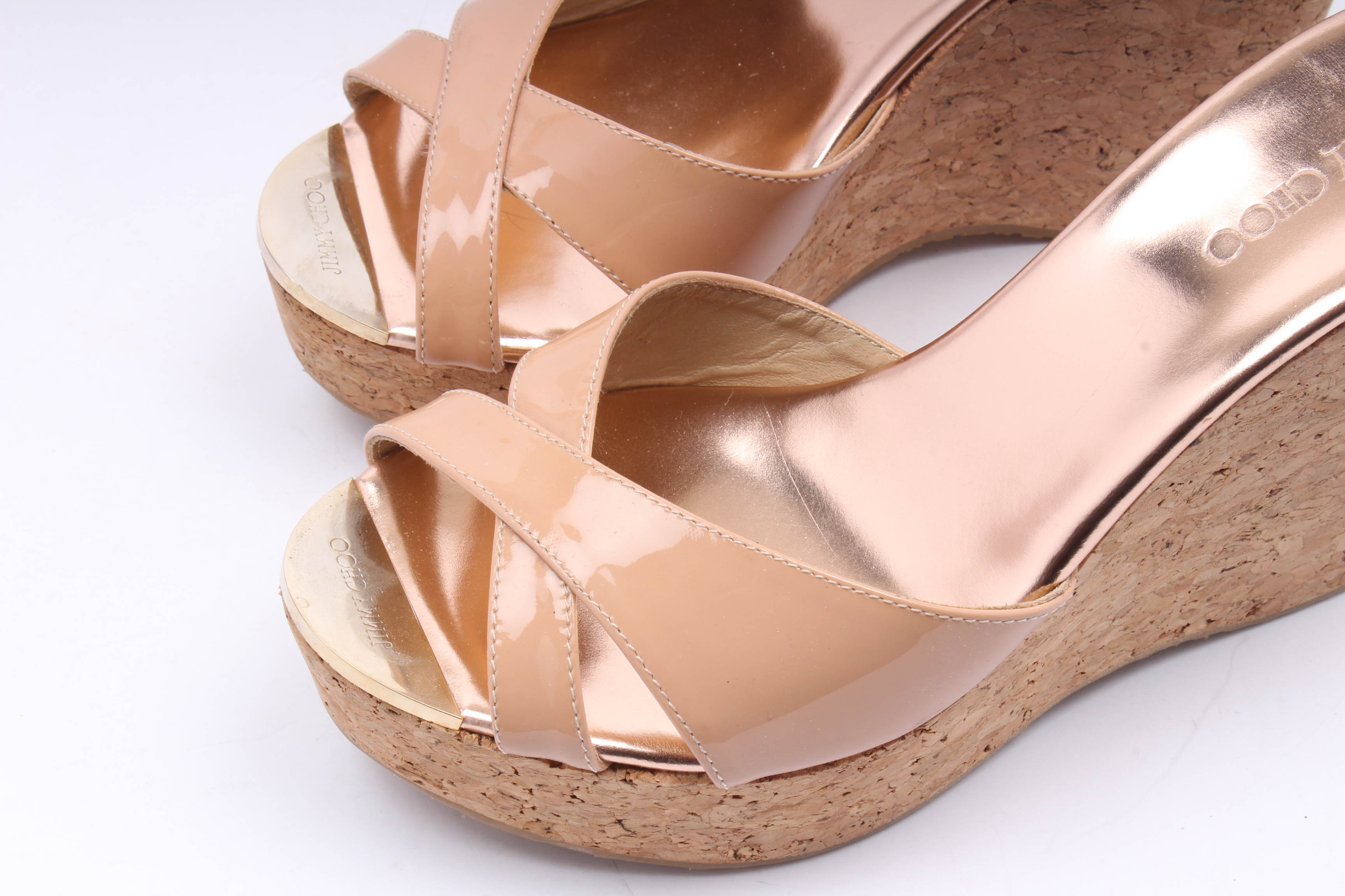Jimmy Choo Cork Wedge Heel Blush Patent Leather Sandals