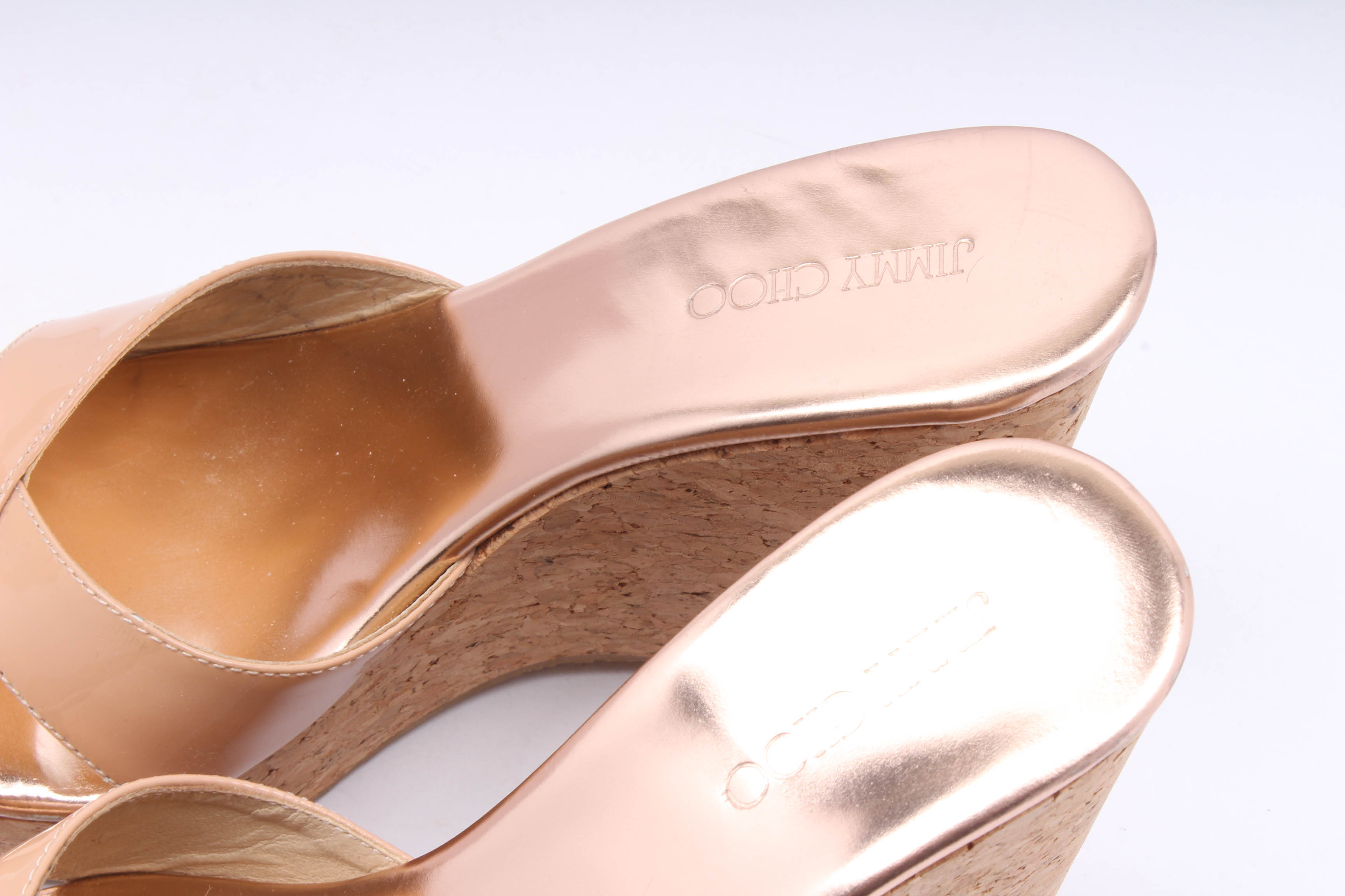 Jimmy Choo Cork Wedge Heel Blush Patent Leather Sandals