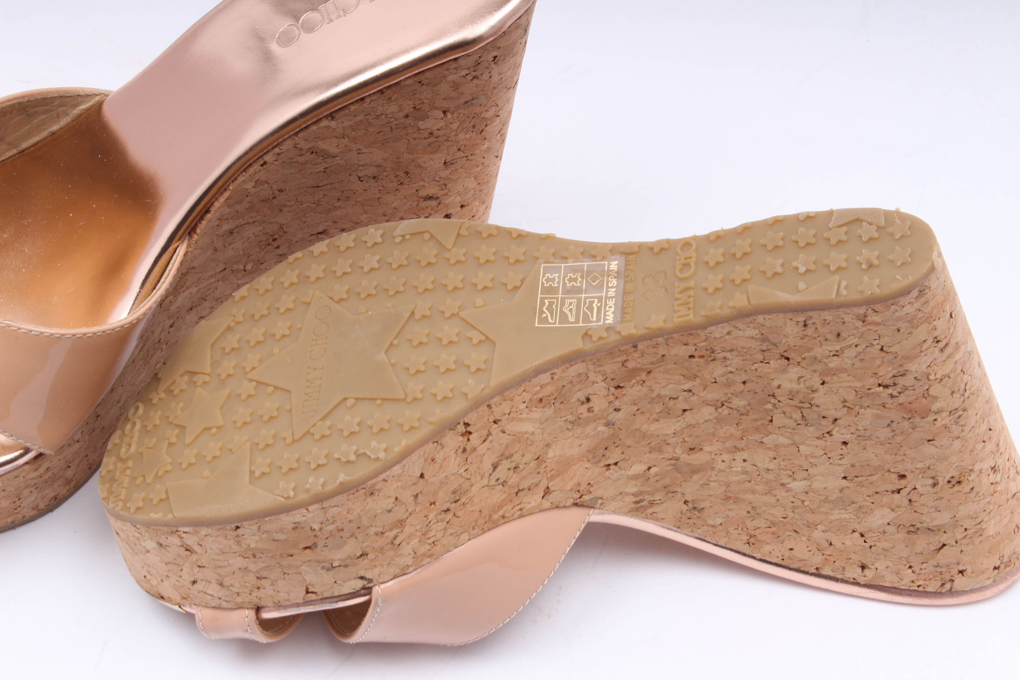 Jimmy Choo Cork Wedge Heel Blush Patent Leather Sandals