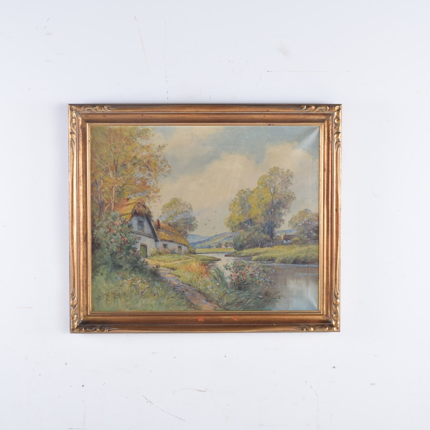 H. Melville Oil Painting on Canvas of Countryside Cottage