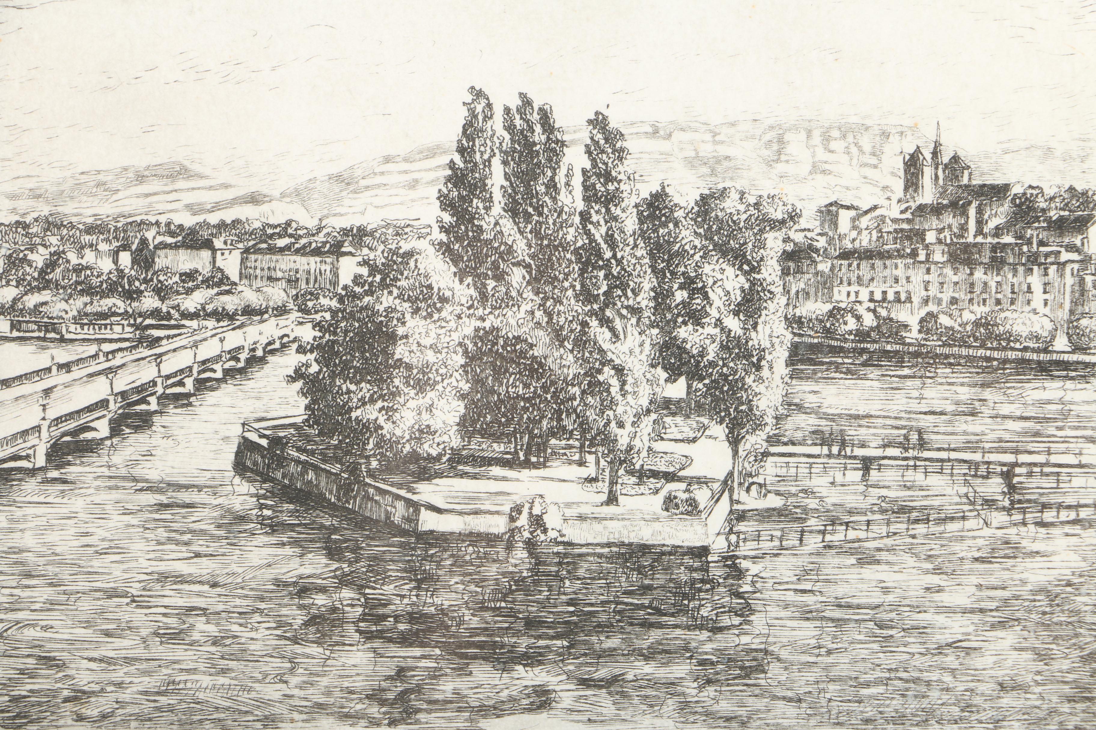 Intaglio Print on Paper of Geneva, Switzerland River Landscape