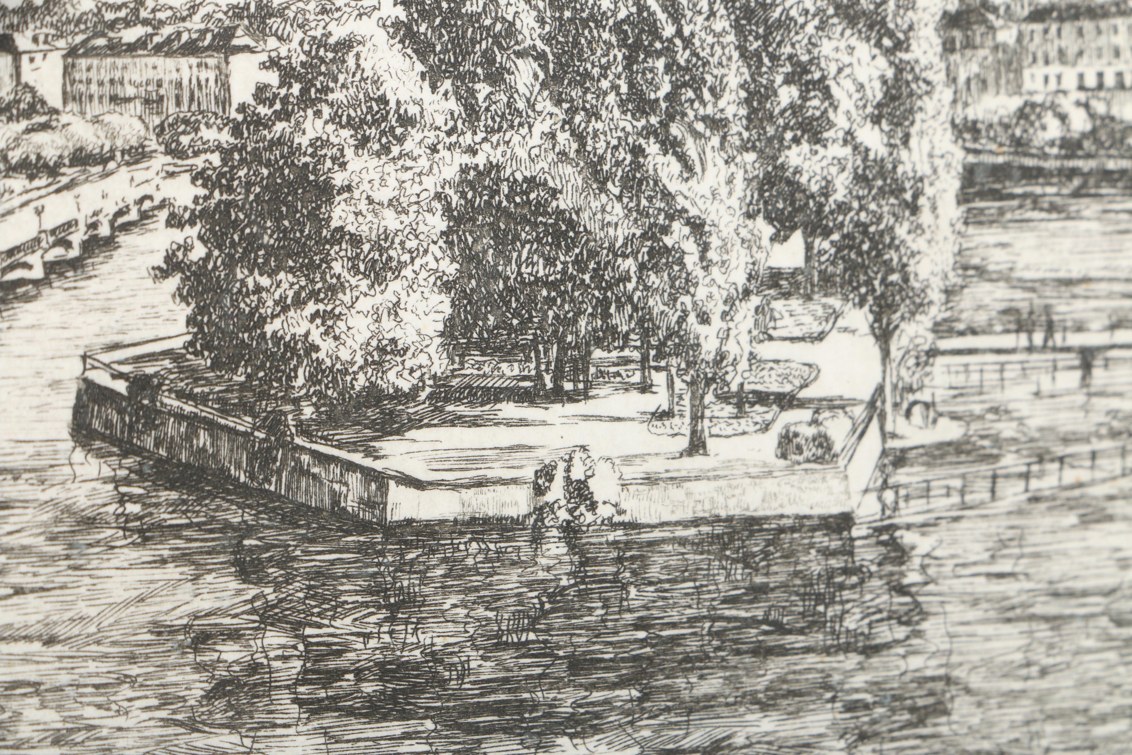Intaglio Print on Paper of Geneva, Switzerland River Landscape