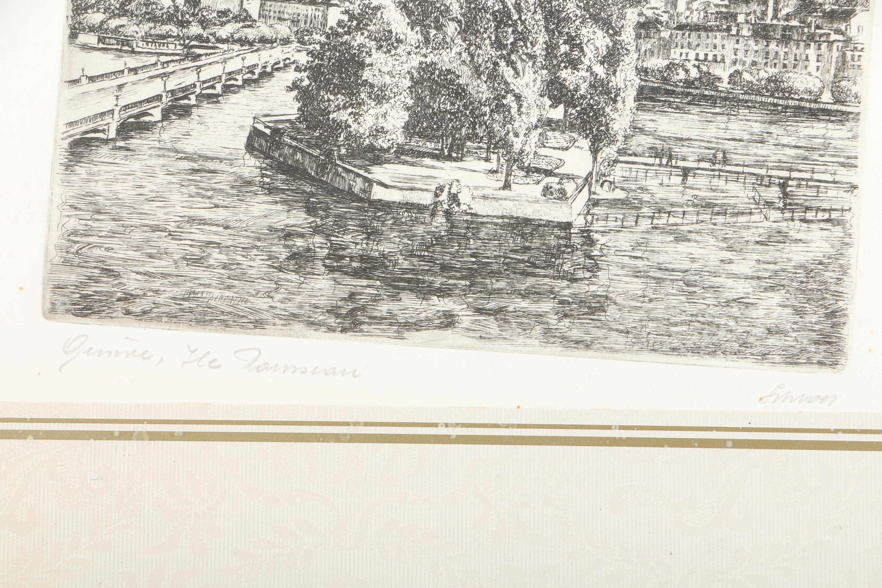 Intaglio Print on Paper of Geneva, Switzerland River Landscape