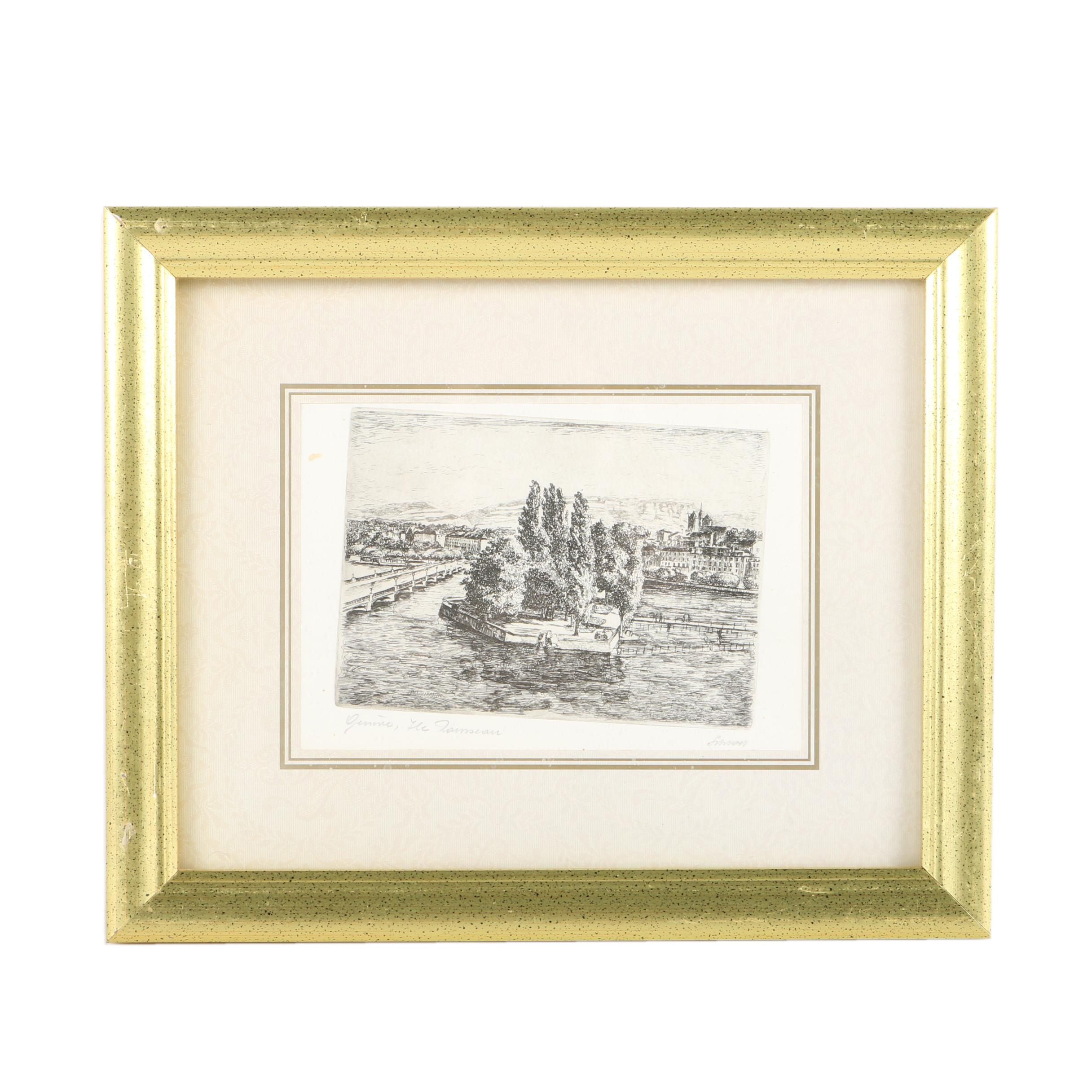 Intaglio Print on Paper of Geneva, Switzerland River Landscape