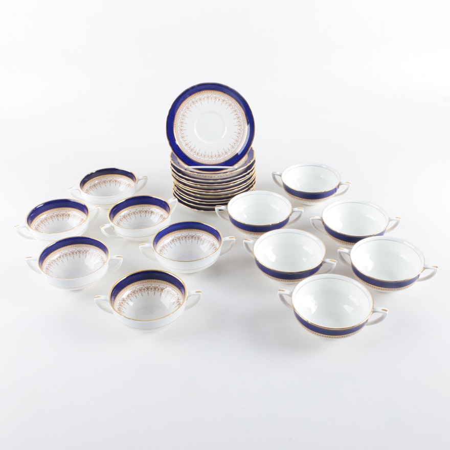 Royal Worcester "Regency Blue" Porcelain Cream Soup Bowls and Saucers