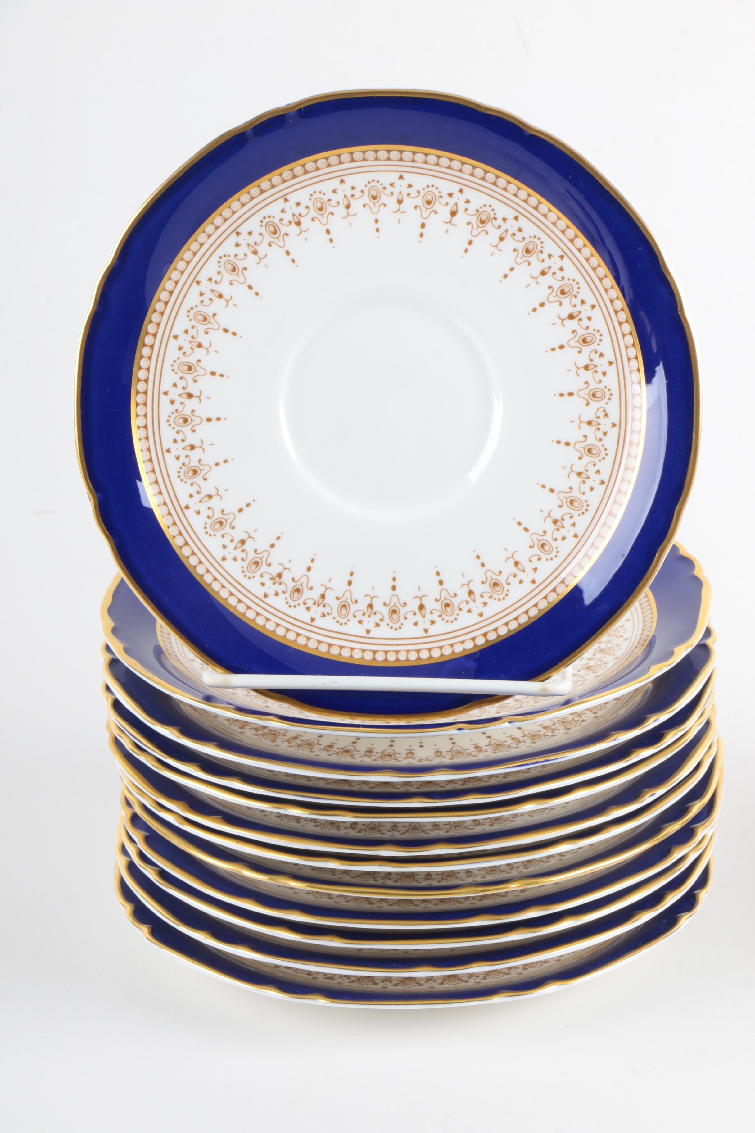 Royal Worcester "Regency Blue" Porcelain Cream Soup Bowls and Saucers