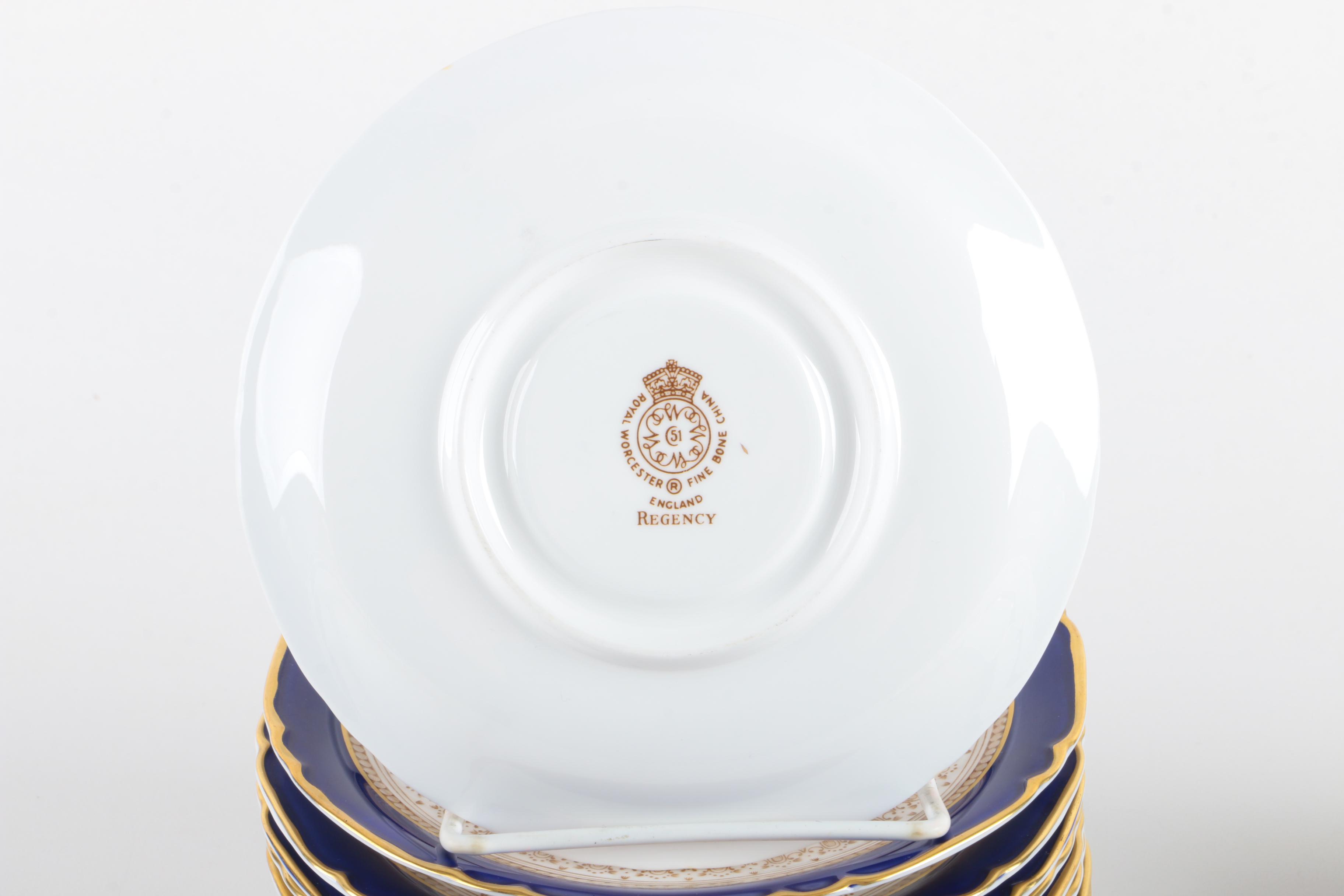 Royal Worcester "Regency Blue" Porcelain Cream Soup Bowls and Saucers