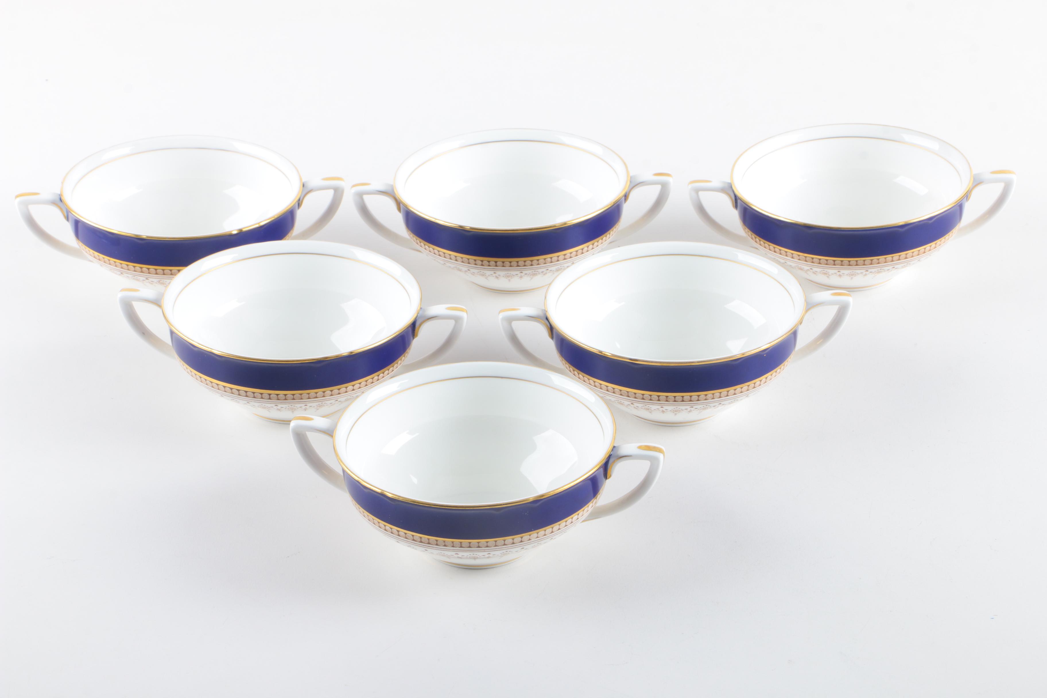 Royal Worcester "Regency Blue" Porcelain Cream Soup Bowls and Saucers