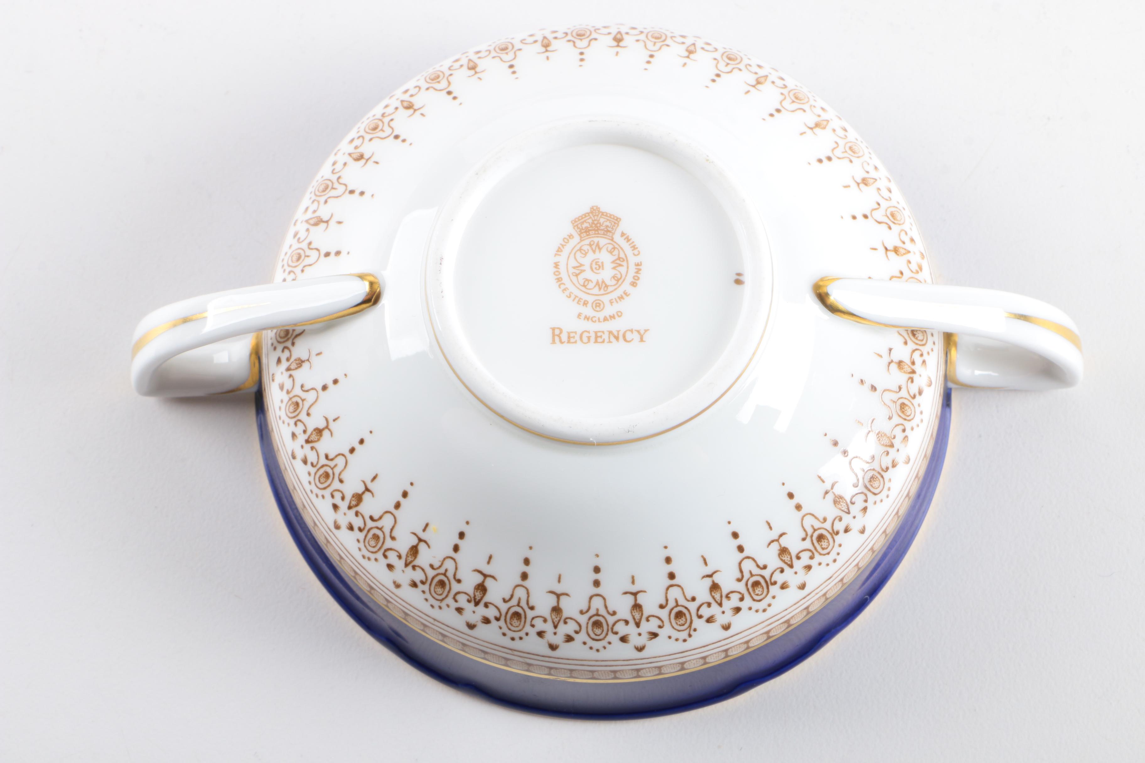 Royal Worcester "Regency Blue" Porcelain Cream Soup Bowls and Saucers