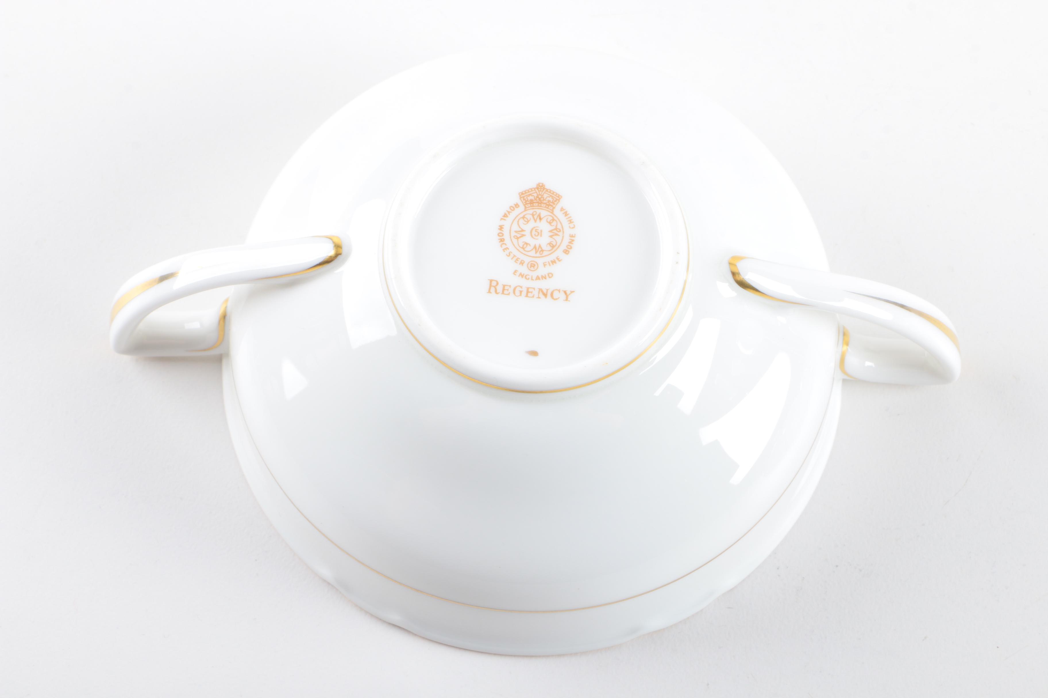 Royal Worcester "Regency Blue" Porcelain Cream Soup Bowls and Saucers