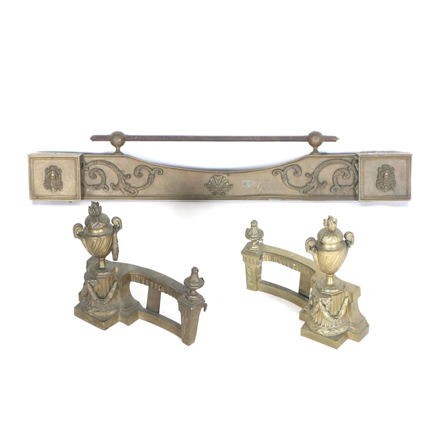 Brass Louis XVI-Style Chenets and Classical Fireplace Fender