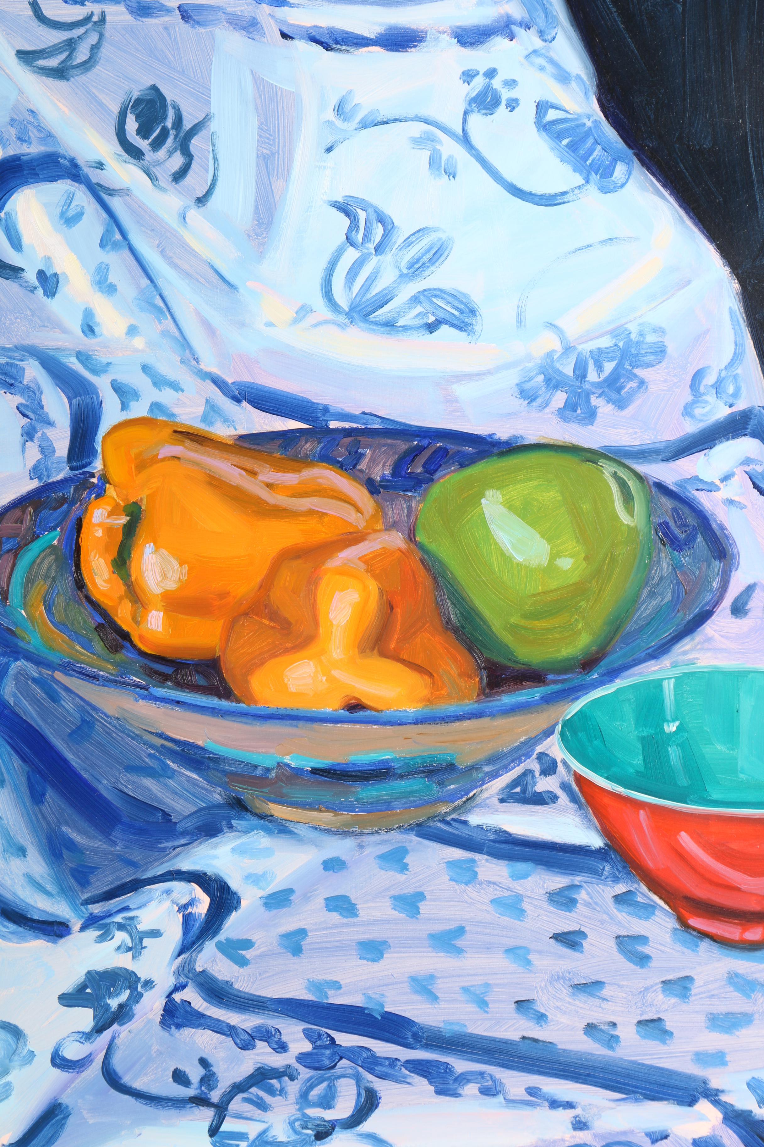Debra A. Yoo Oil Painting on Paper "Still Life with Yellow Tulips and Peppers"