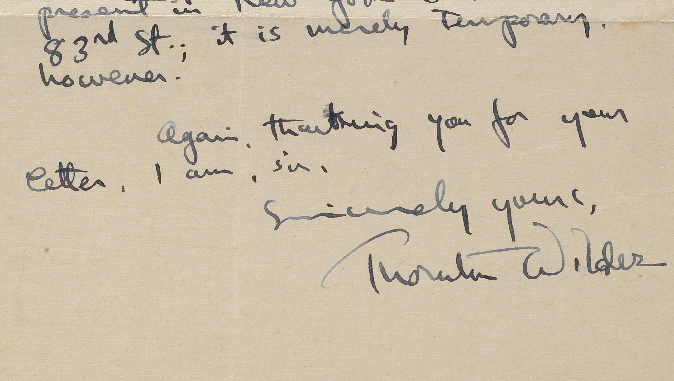1948 Letter Signed By Thorton Wilder to Herbert Marshall