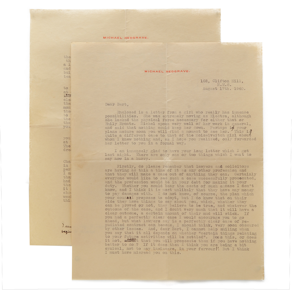 1940 Letter from Michael Redgrave to Herbert Marshall