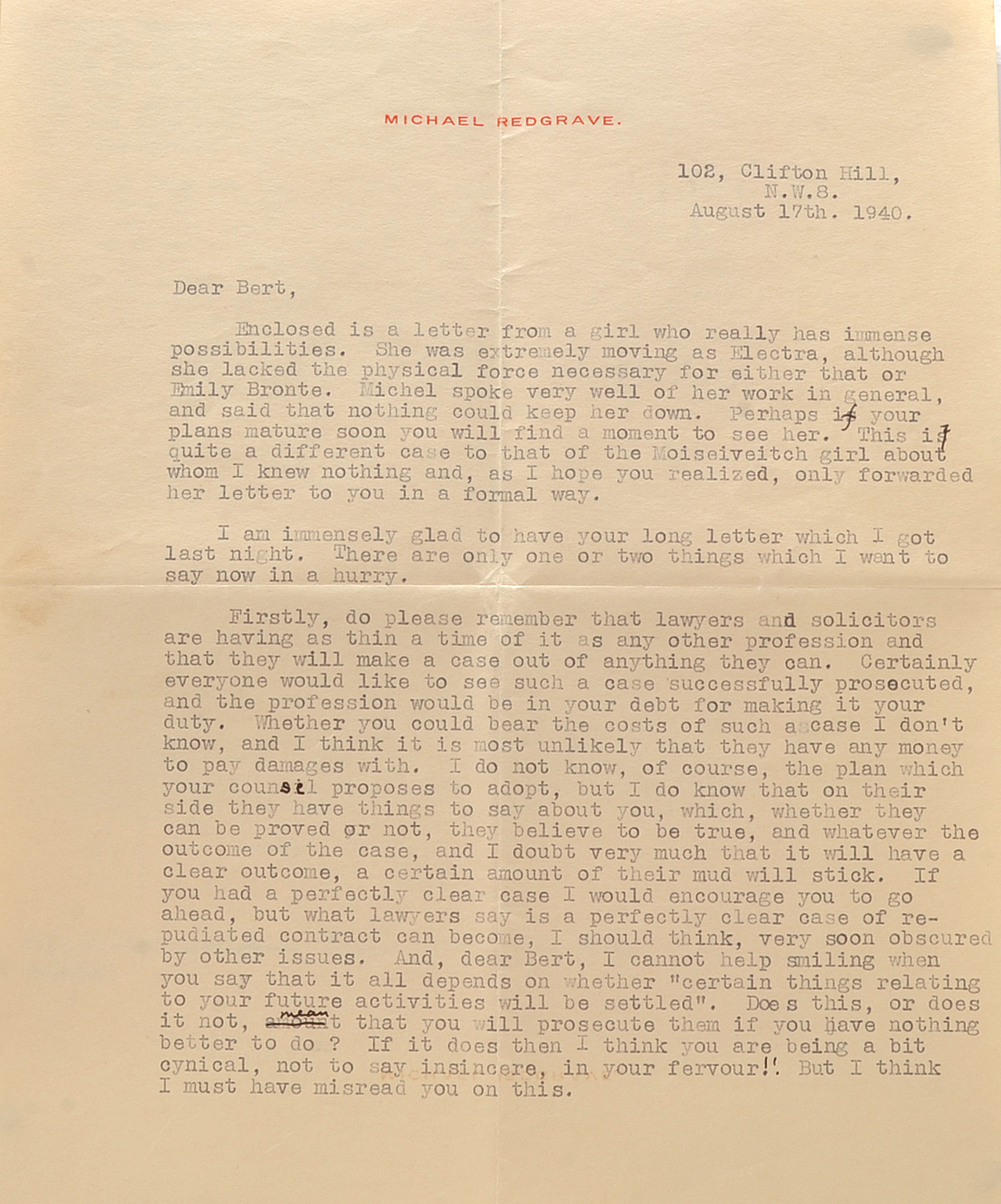 1940 Letter from Michael Redgrave to Herbert Marshall