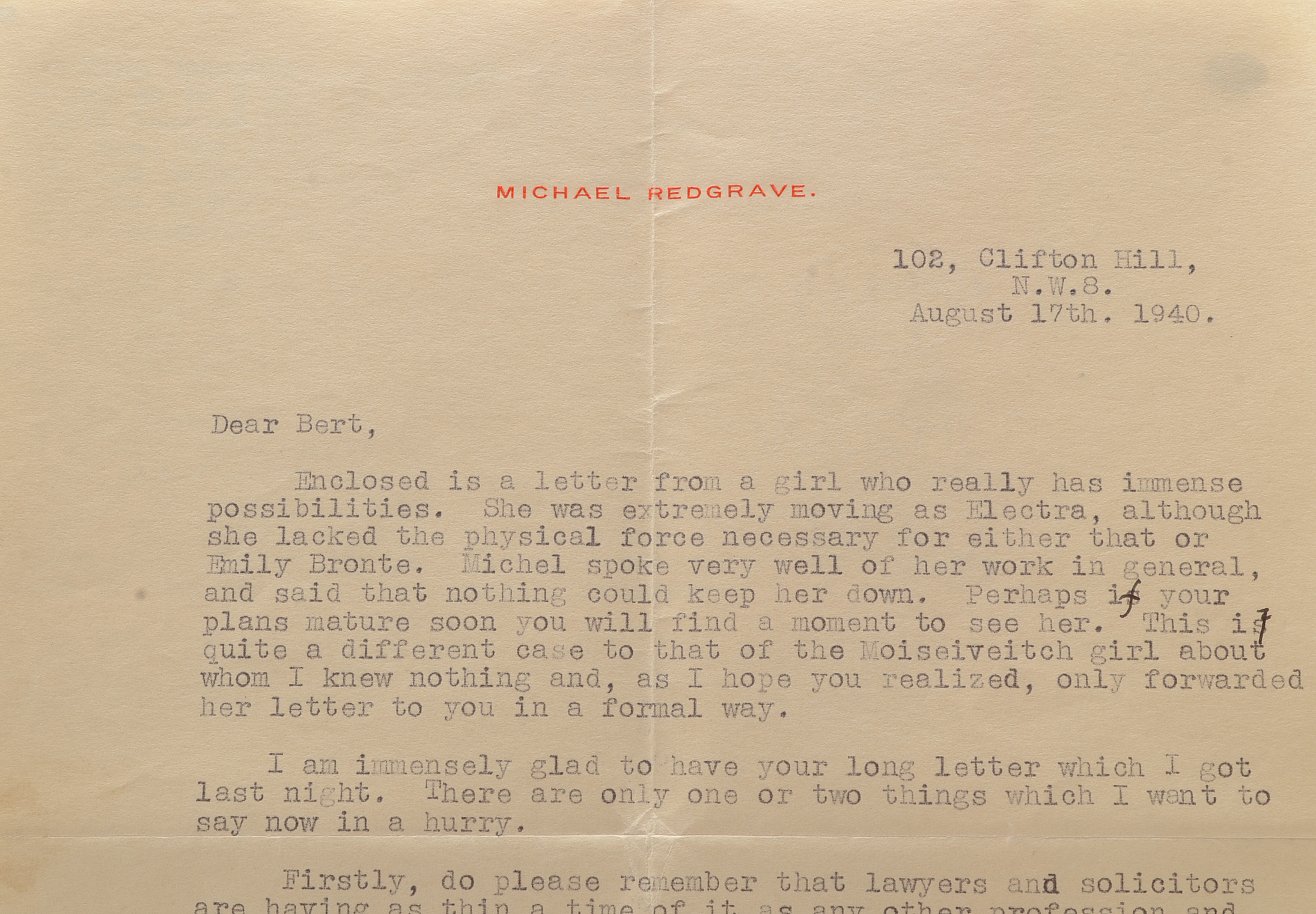 1940 Letter from Michael Redgrave to Herbert Marshall