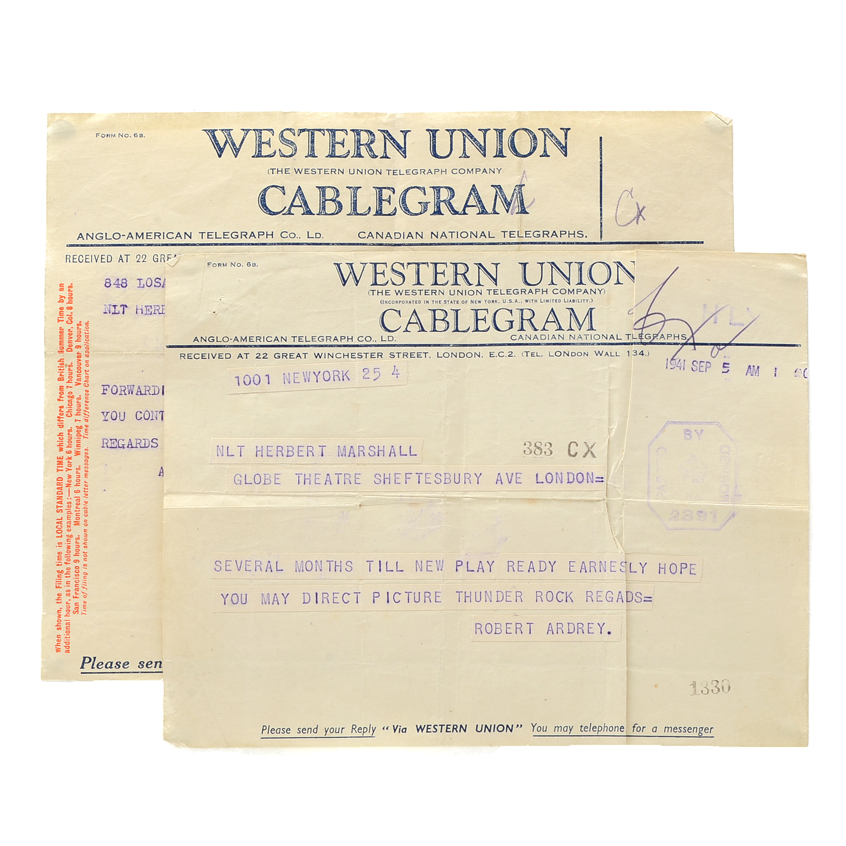 Two Telegrams to Herbert Marshall from Robert Ardrey Regarding "Thunder Rock"