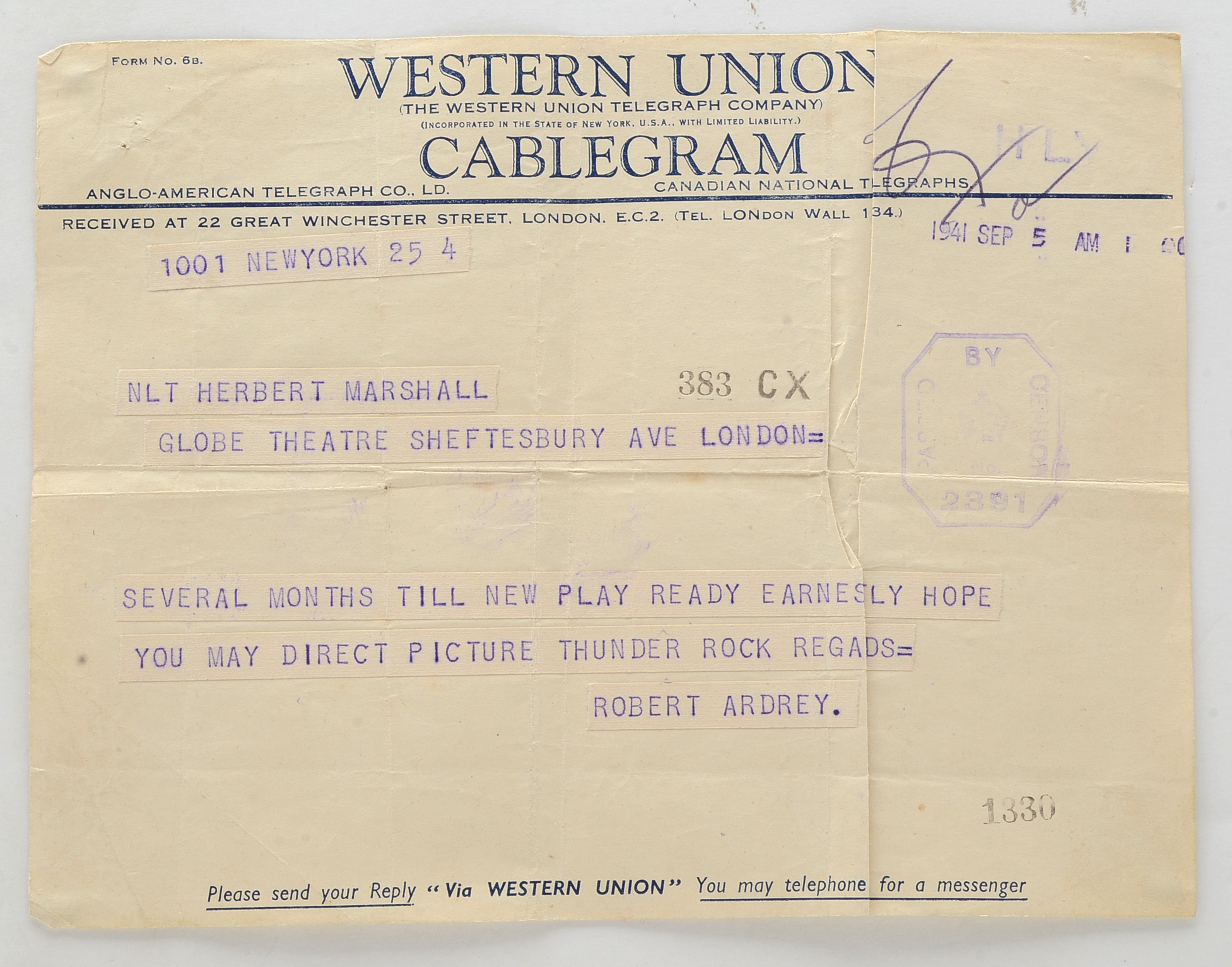 Two Telegrams to Herbert Marshall from Robert Ardrey Regarding "Thunder Rock"