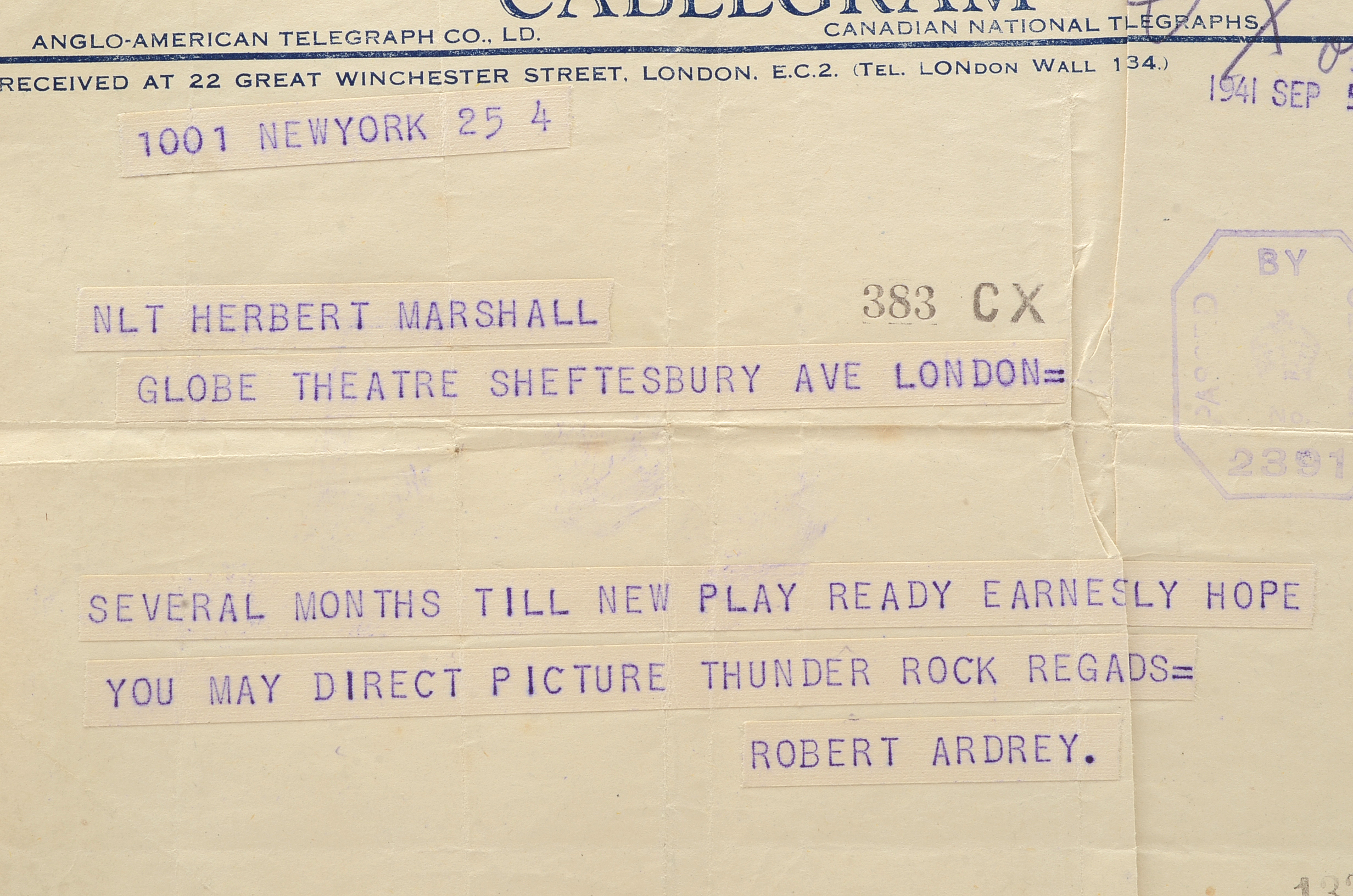 Two Telegrams to Herbert Marshall from Robert Ardrey Regarding "Thunder Rock"