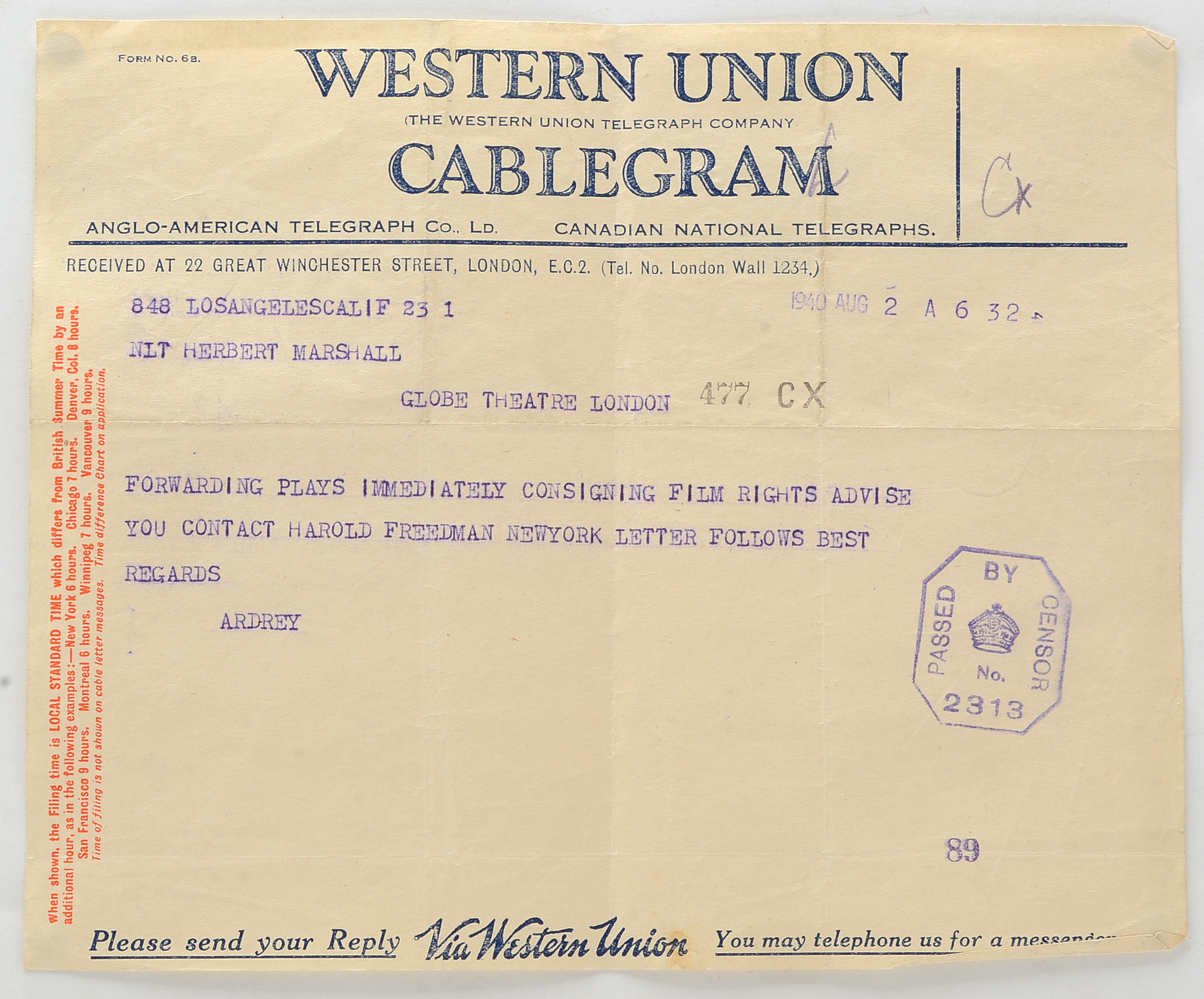 Two Telegrams to Herbert Marshall from Robert Ardrey Regarding "Thunder Rock"