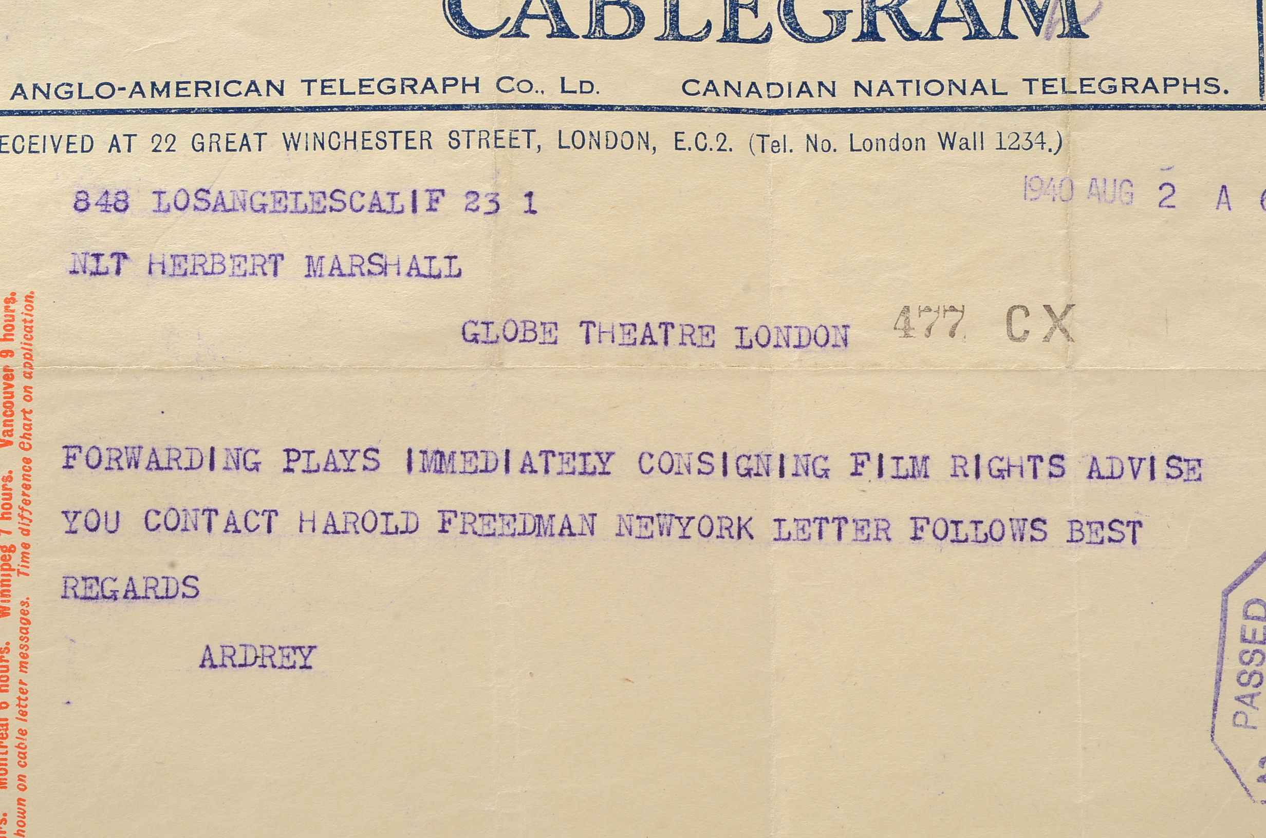 Two Telegrams to Herbert Marshall from Robert Ardrey Regarding "Thunder Rock"