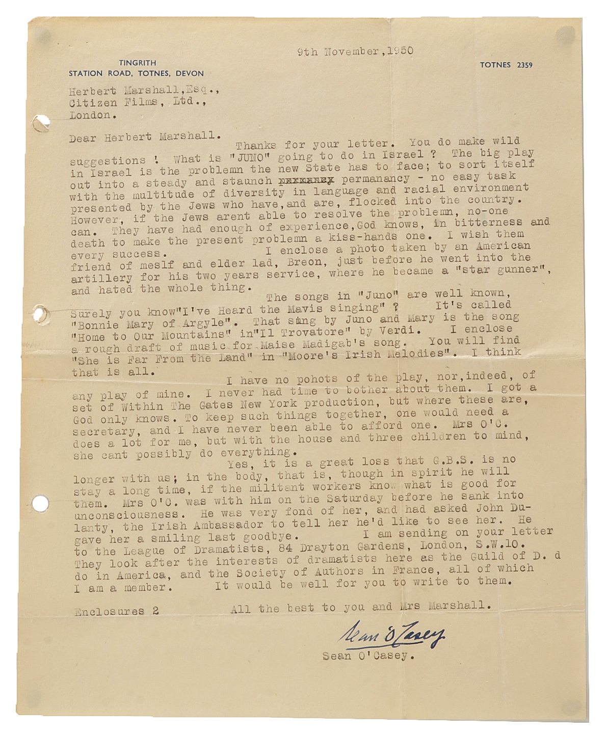 1928 Edition of "The Silver Tassie" and 1950 Letter by Sean O'Casey