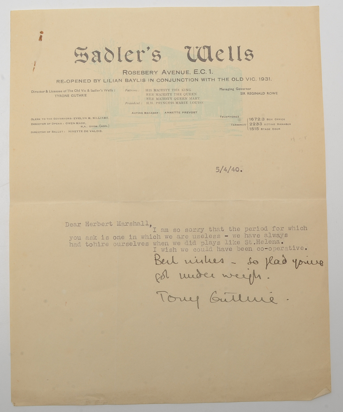 1940 - 1944 Correspondences from Tyrone Guthrie