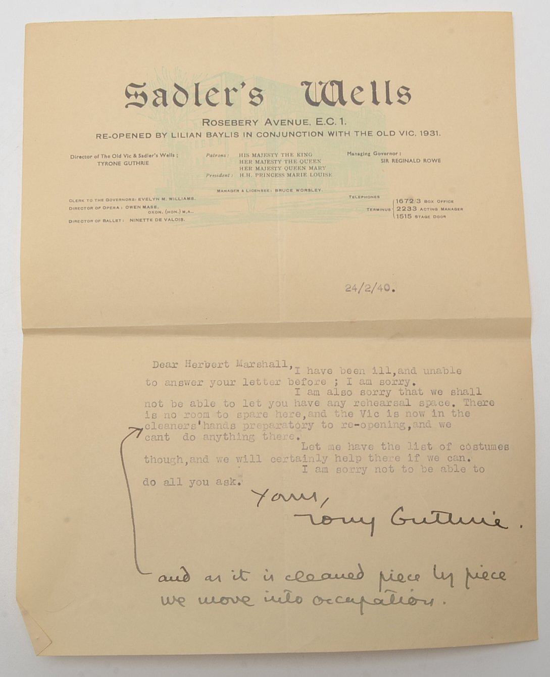 1940 - 1944 Correspondences from Tyrone Guthrie