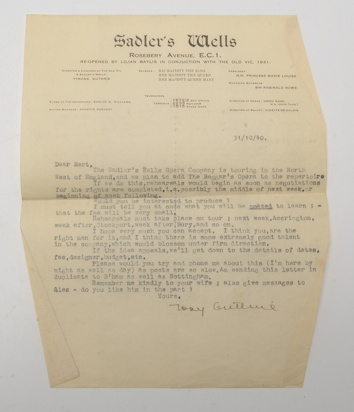 1940 - 1944 Correspondences from Tyrone Guthrie