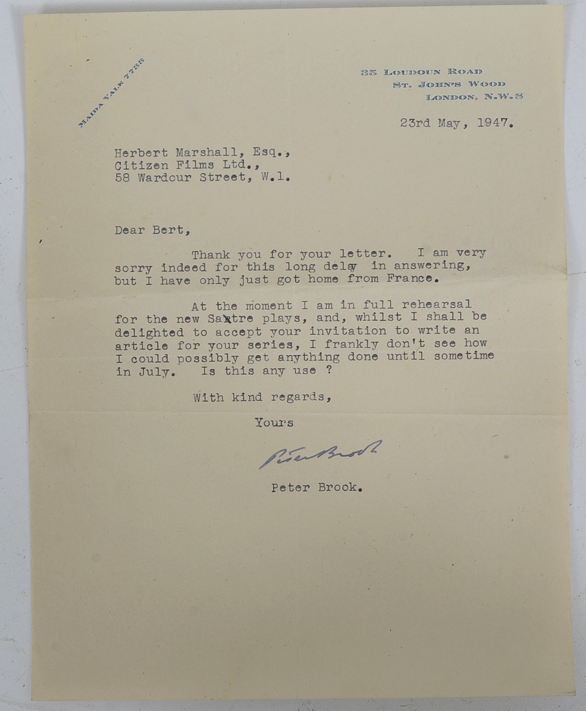 Assorted Letters to Herbert Marshall from 1940 - 1965