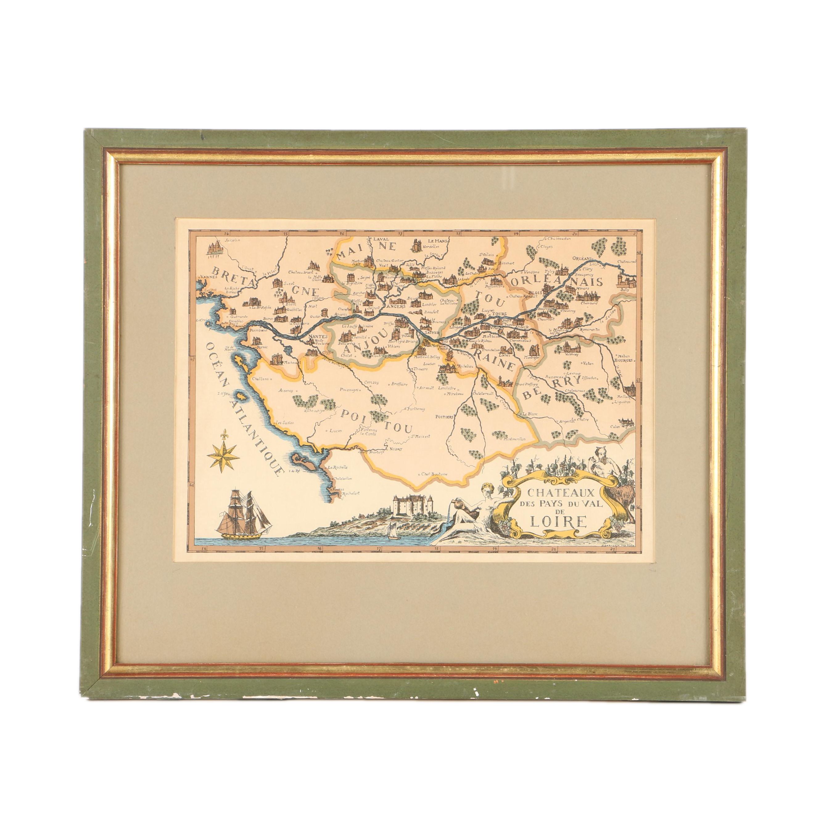 Hand-Colored  Lithograph Map on Laid Paper "Châteaux des Pays du Val de Loire"