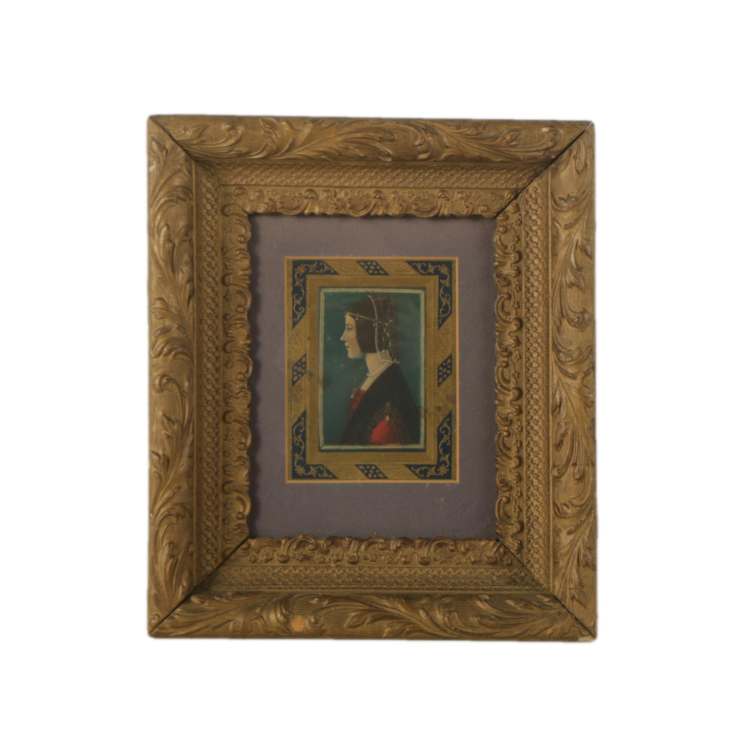 Early 20th-Century Color Lithograph on Paper of Tudor Era Woman in Side Profile