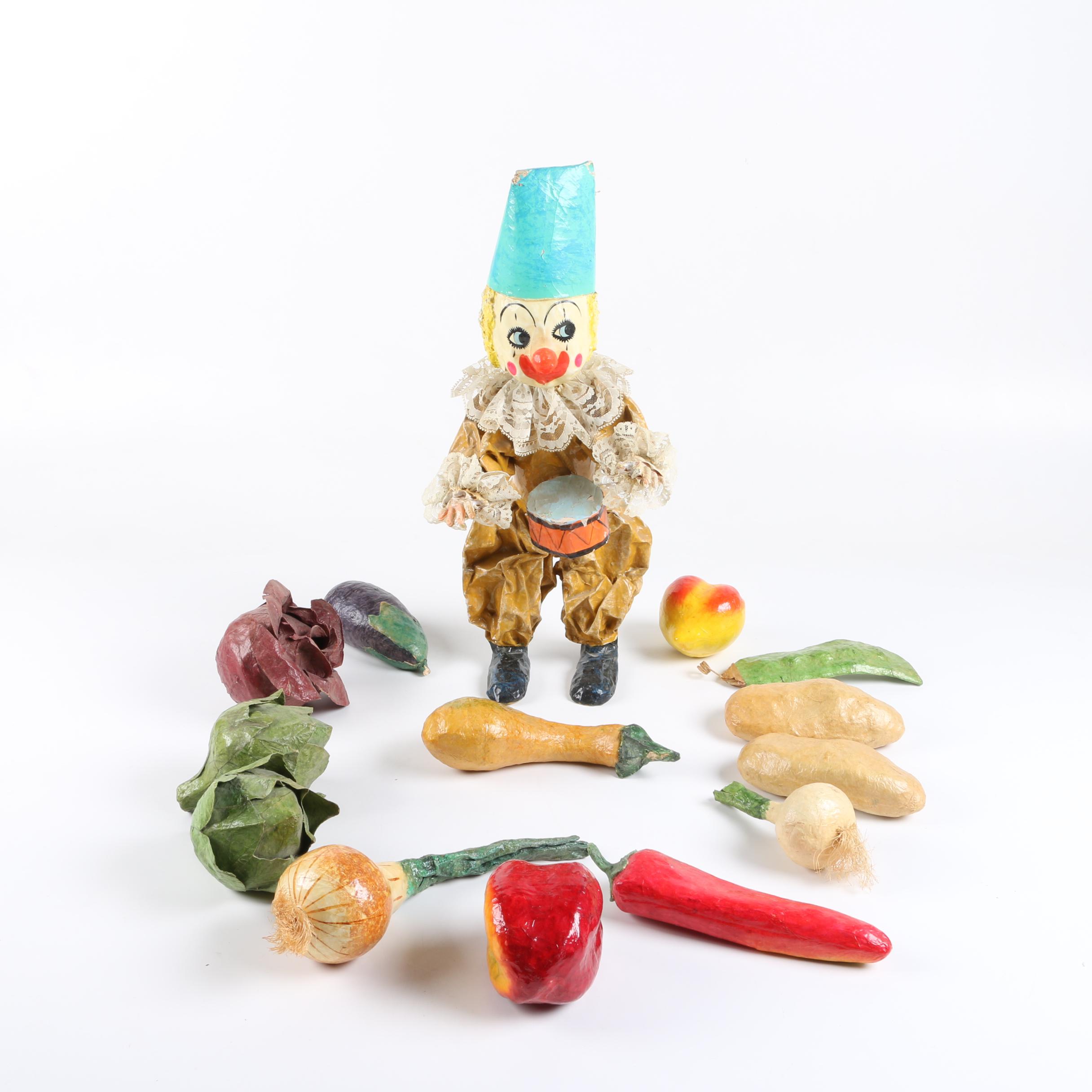 Vintage Papier-Mâché Clown Figurine and Vegetables
