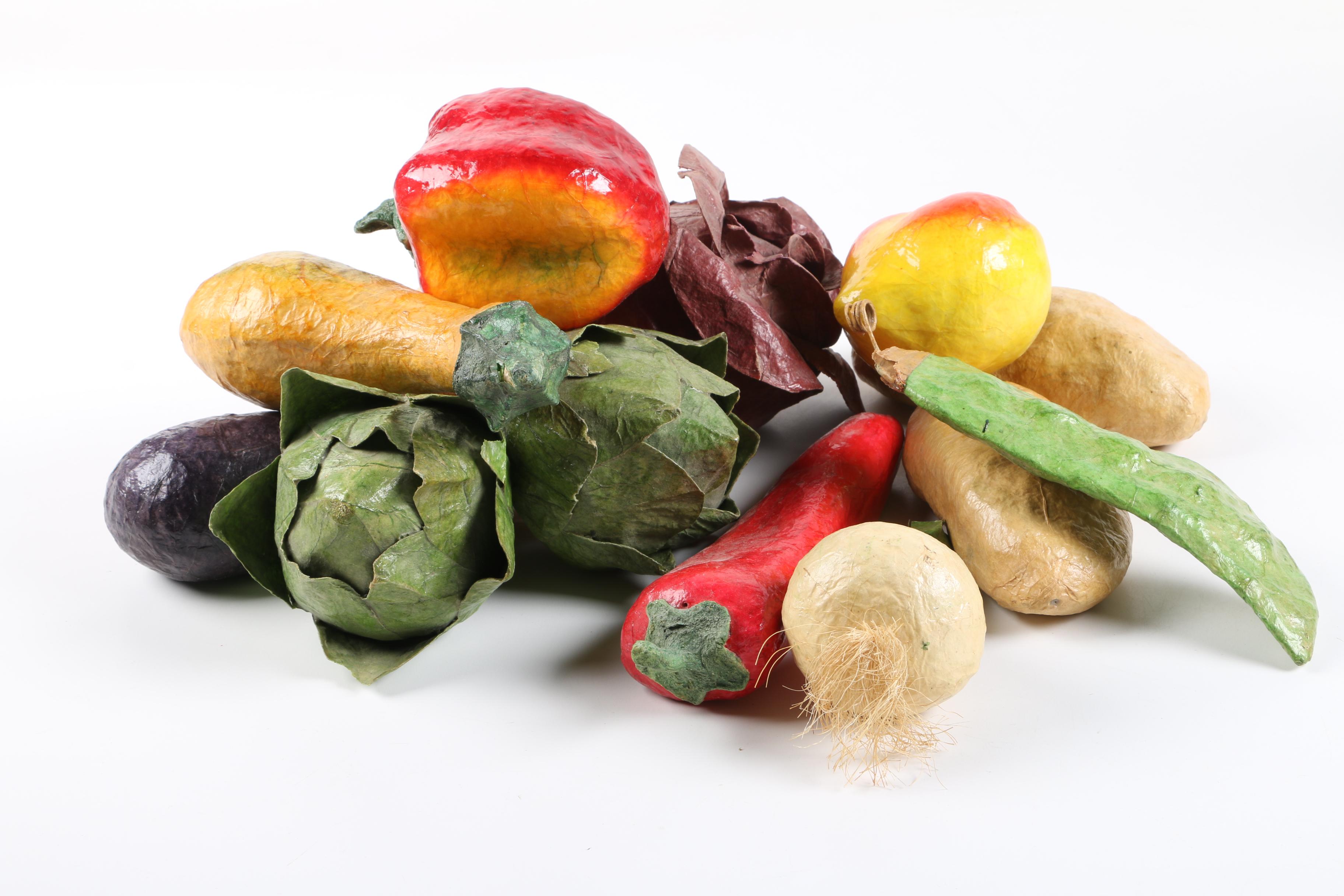 Vintage Papier-Mâché Clown Figurine and Vegetables