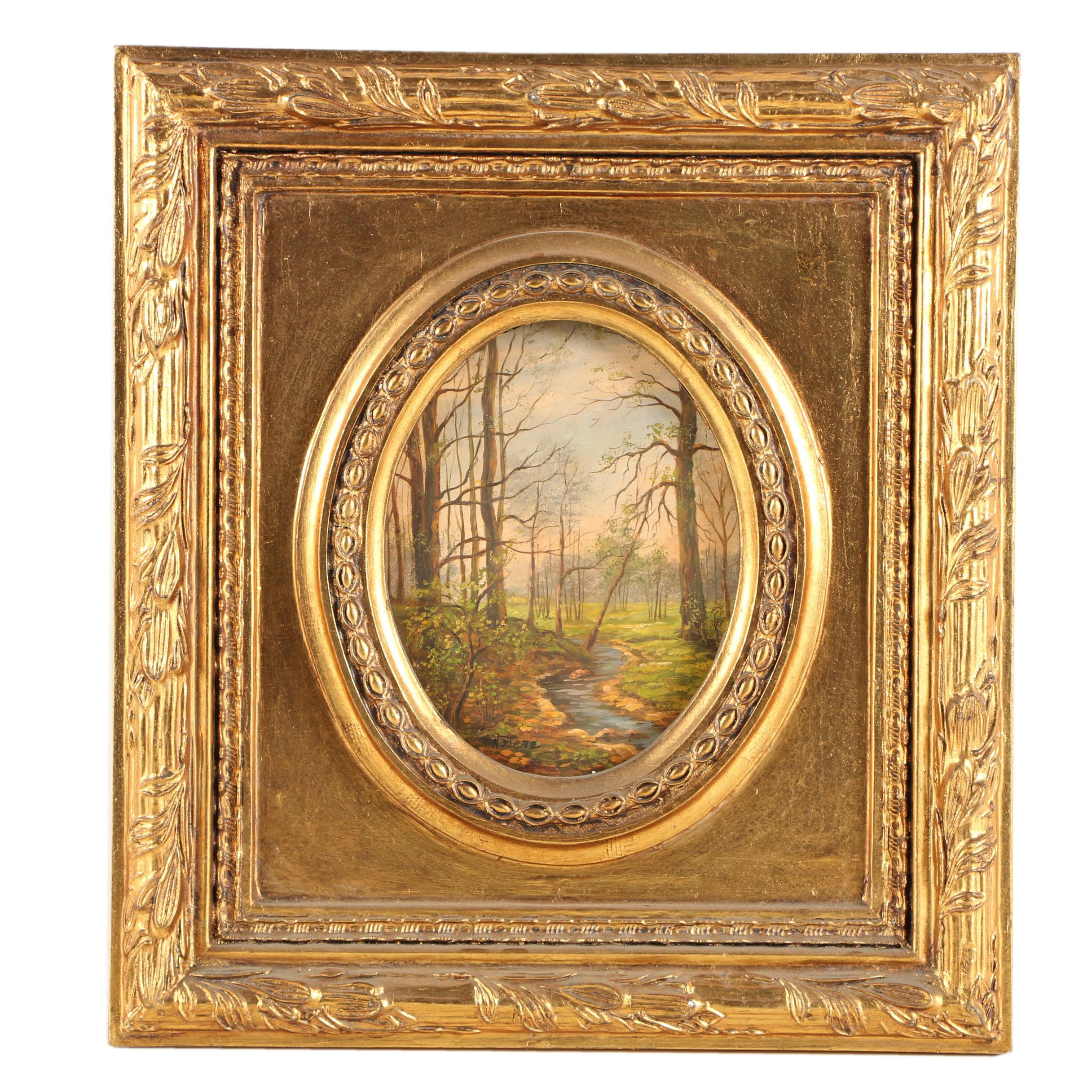 N. Mene Oil Painting on Panel of a Creek