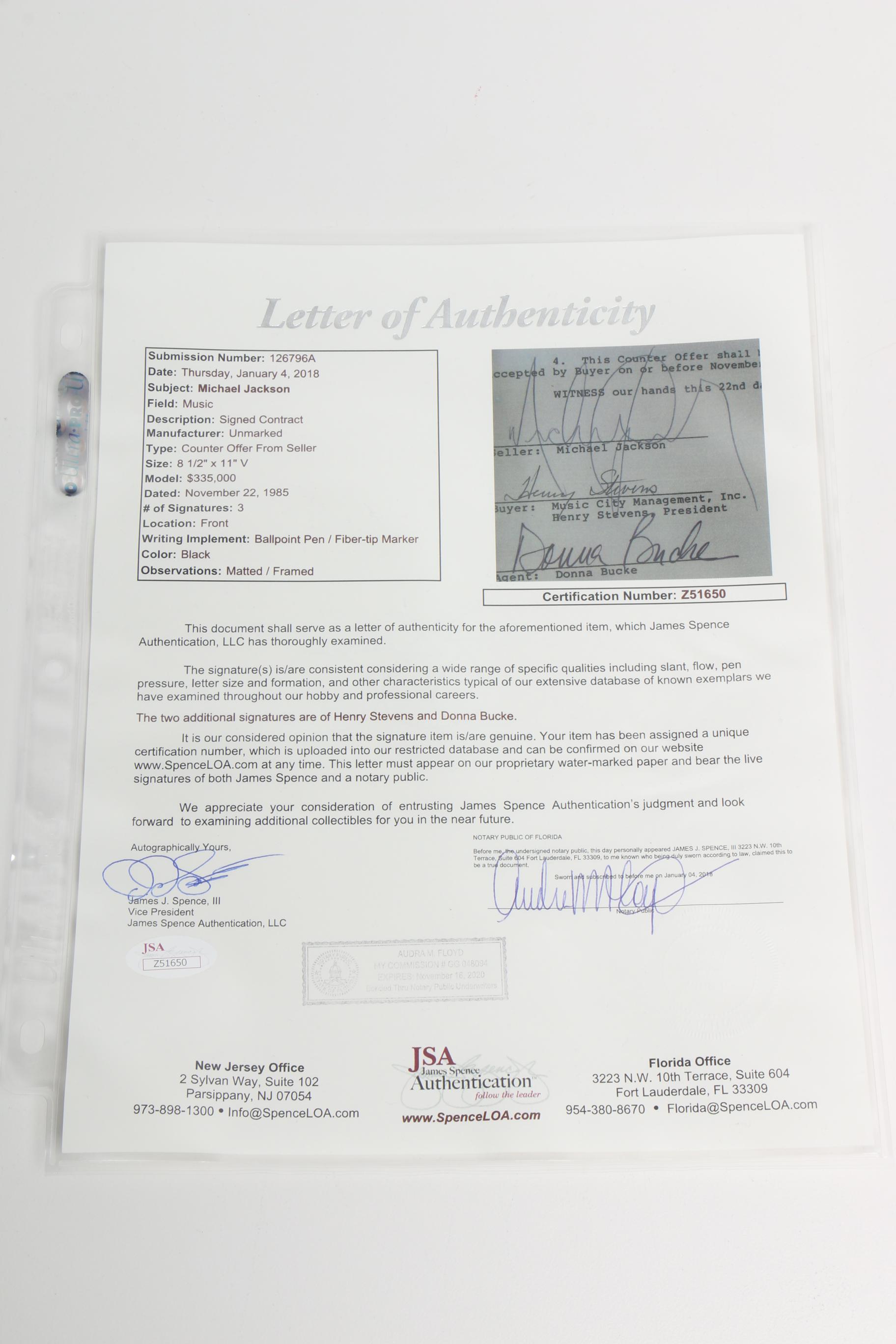 Signed Michael Jackson Real Estate Contract with JSA LOA