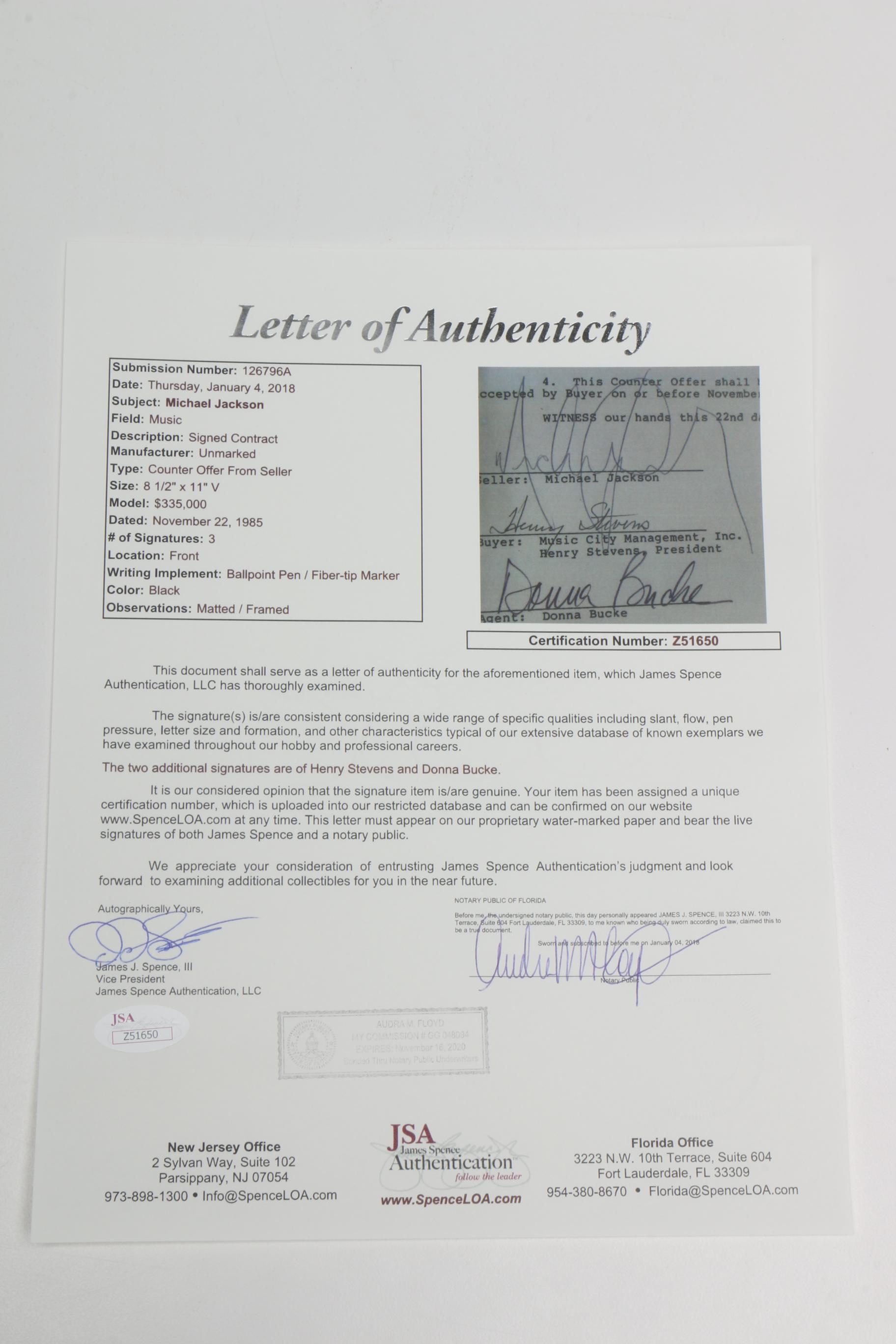 Signed Michael Jackson Real Estate Contract with JSA LOA